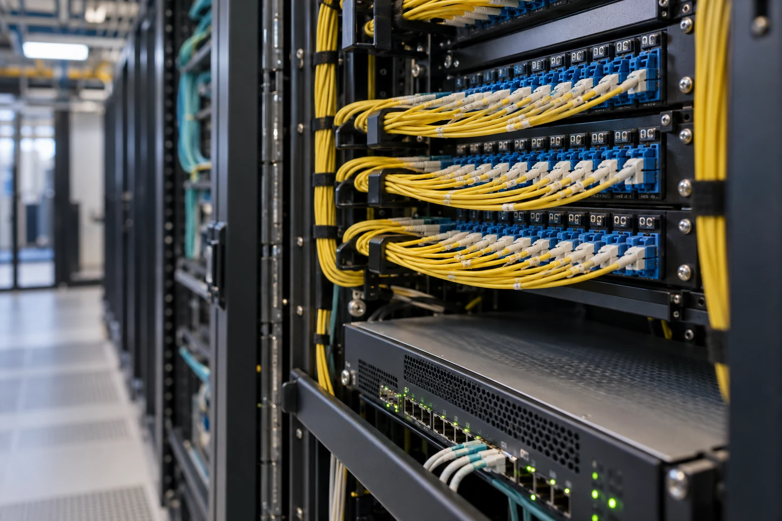 A real telecommunications exchange patch frame with carefully dressed fiber and an unbranded network appliance in sharp foreground.