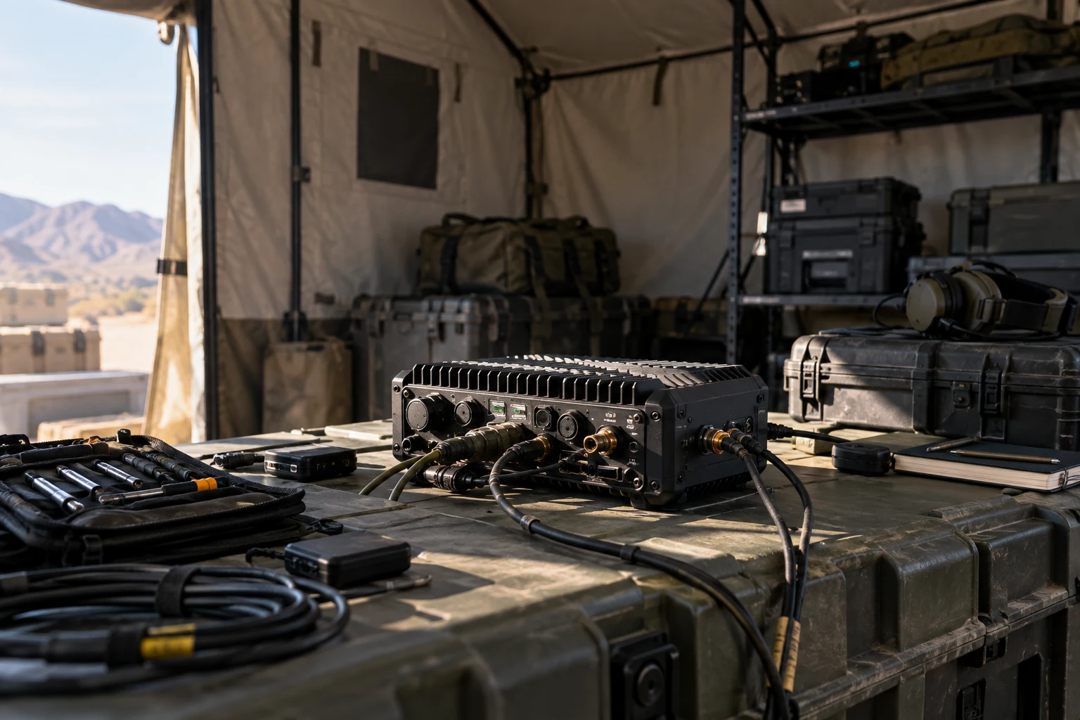 A rugged compact field-computing unit being serviced in an empty expeditionary equipment shelter.