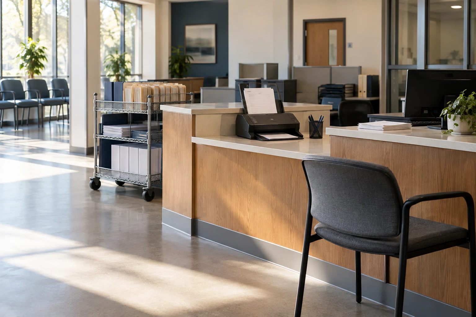 An empty public-benefits service office with an accessible counter, organized records cart and a simple document intake scanner.