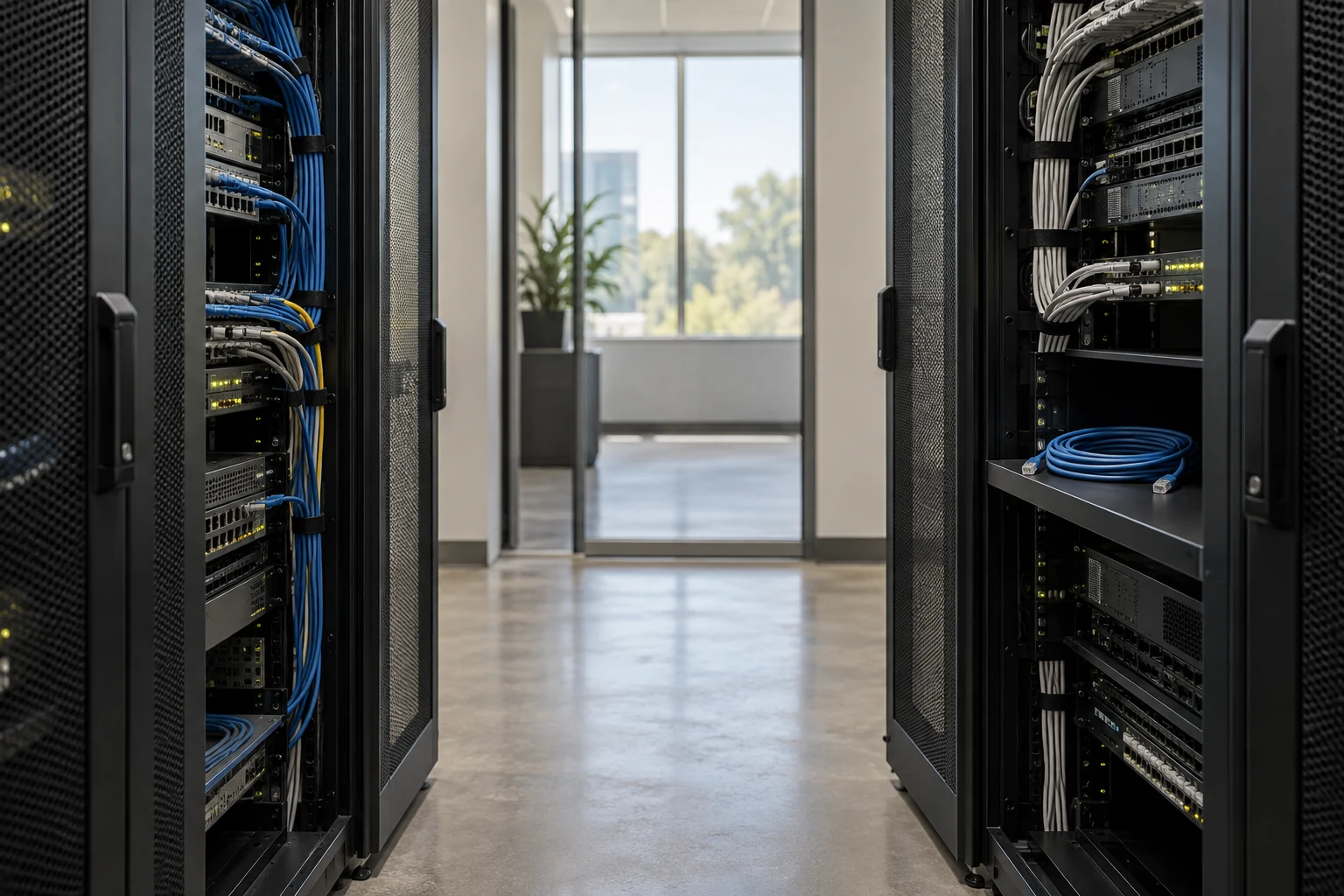 Two independent small network cabinets separated by a clear service aisle, with a single disconnected bridging cable safely coiled on a shelf.