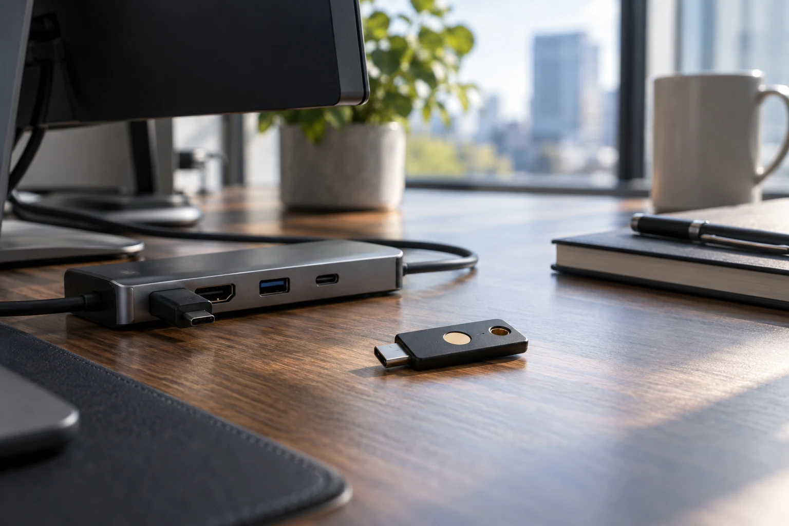 A real enterprise workstation's small physical authentication key and connected peripheral hub in close focus.