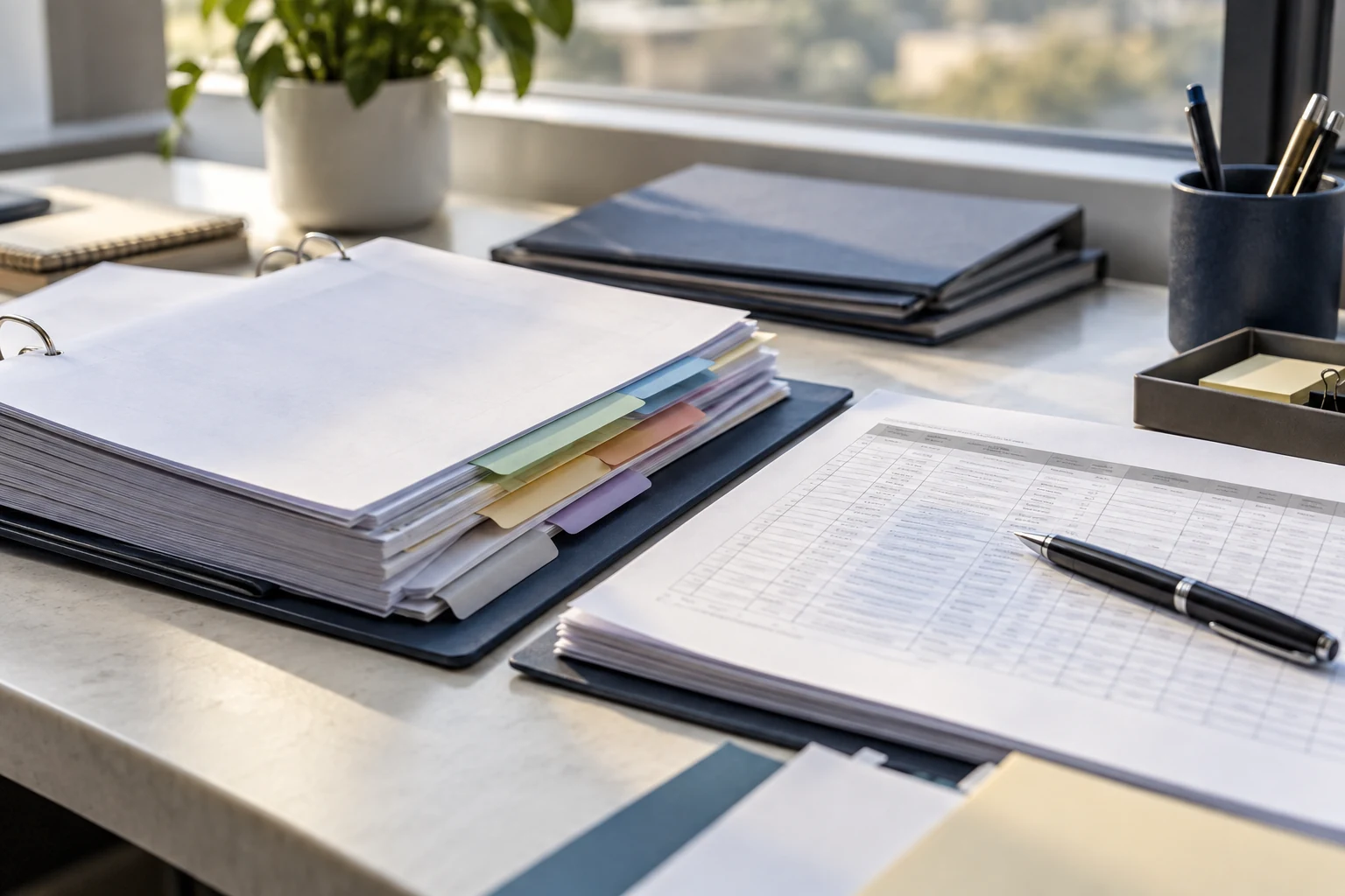A carefully prepared subcontract cost file with separate scope packets and a plain allocation ledger on a pale work surface.