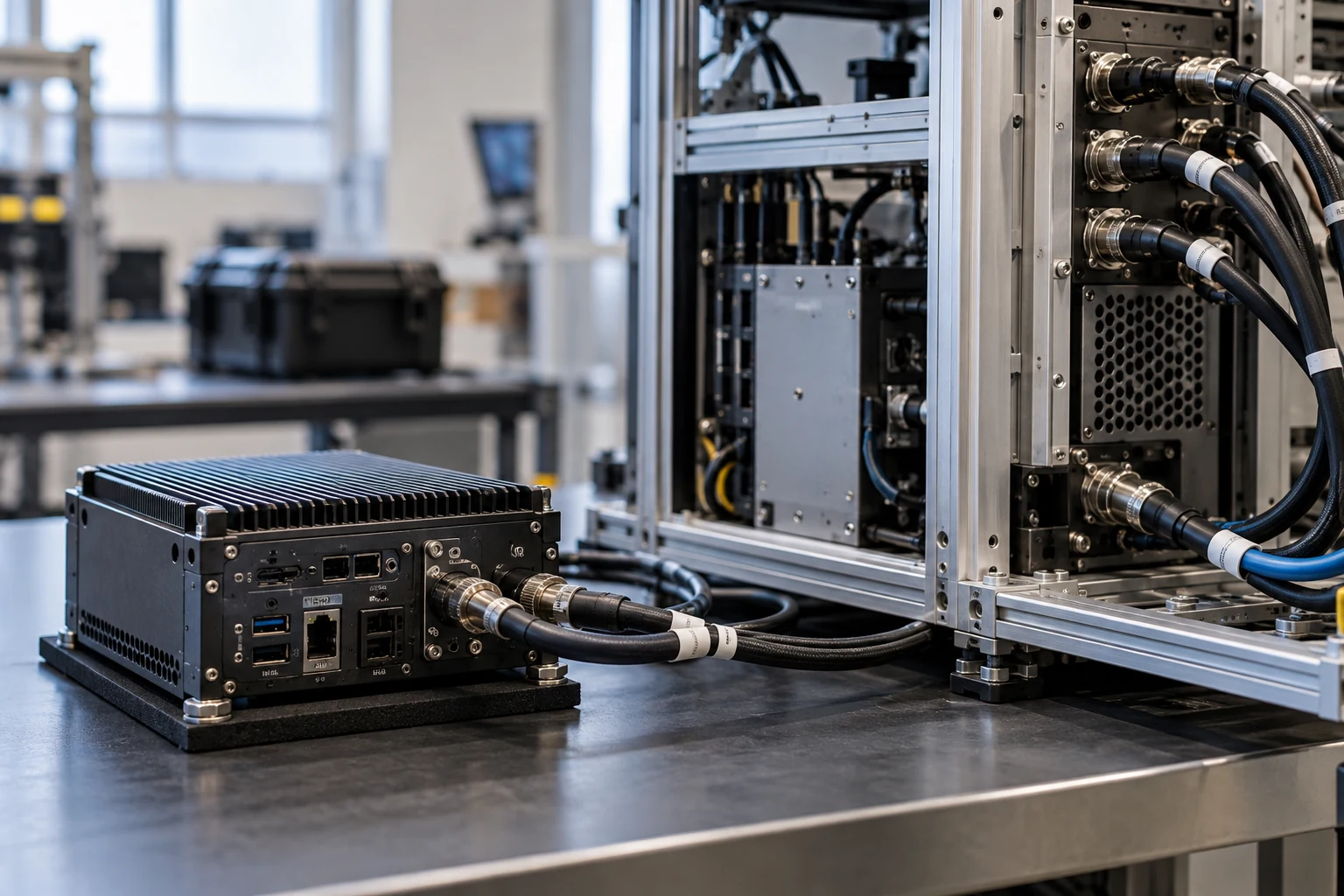 An AI engineering supplier's compact test module ready beside its prime contractor's larger integration fixture.