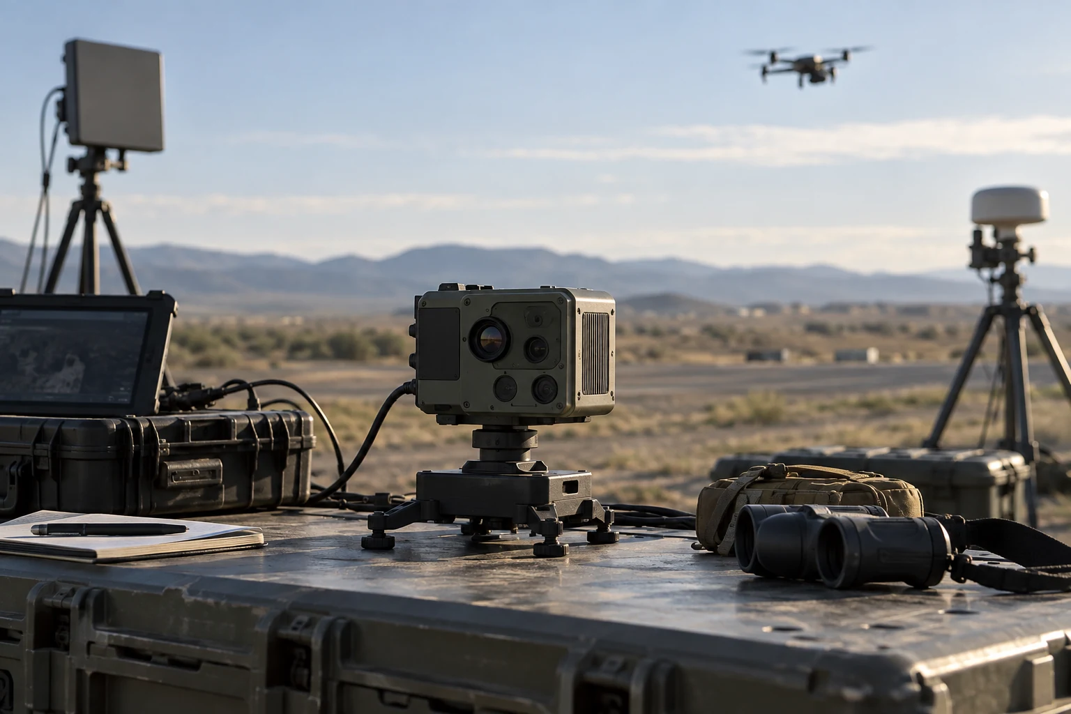 A small rugged sensing prototype on a clean field-test bench at an open-air instrumentation range.