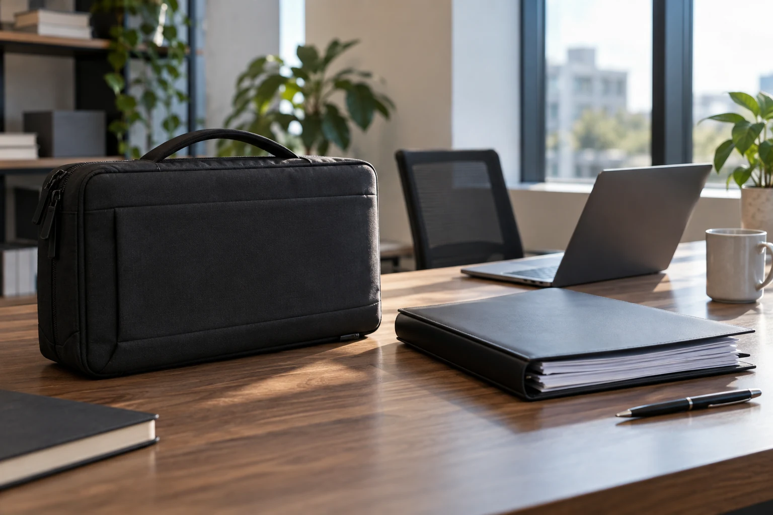 A modest small-business technology office with a neatly packed delivery appliance and a plain business registration folio.
