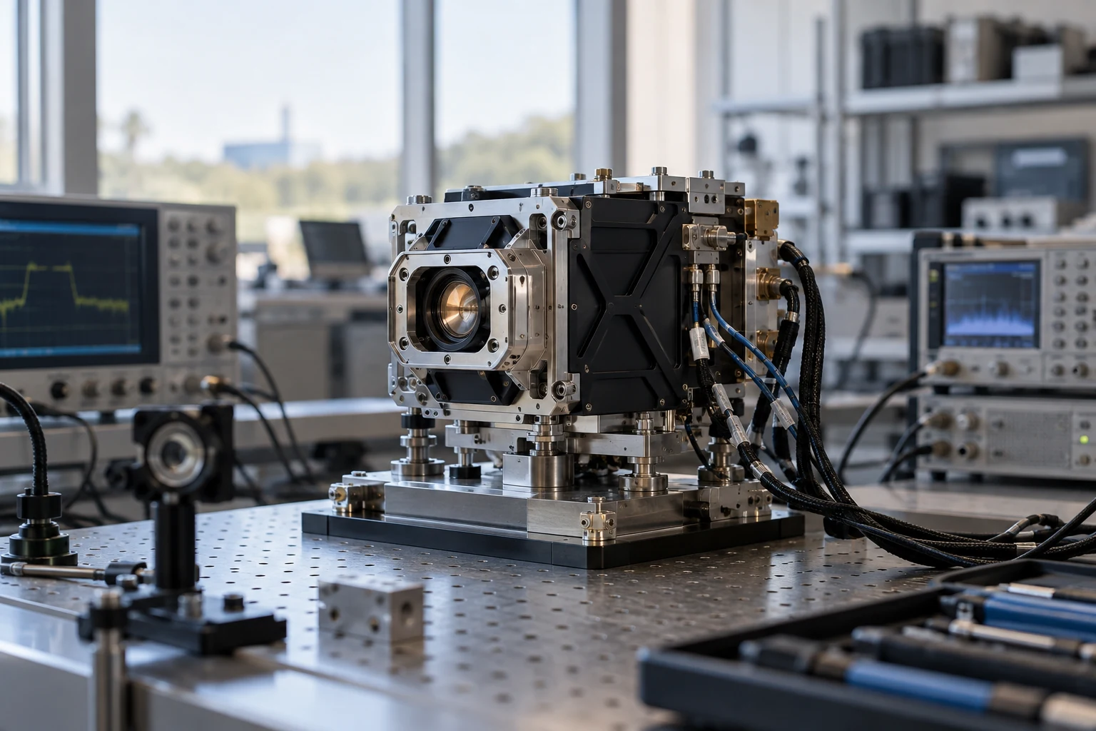 An advanced research demonstrator in a real integration fixture, surrounded only by the few reference instruments needed to test it.