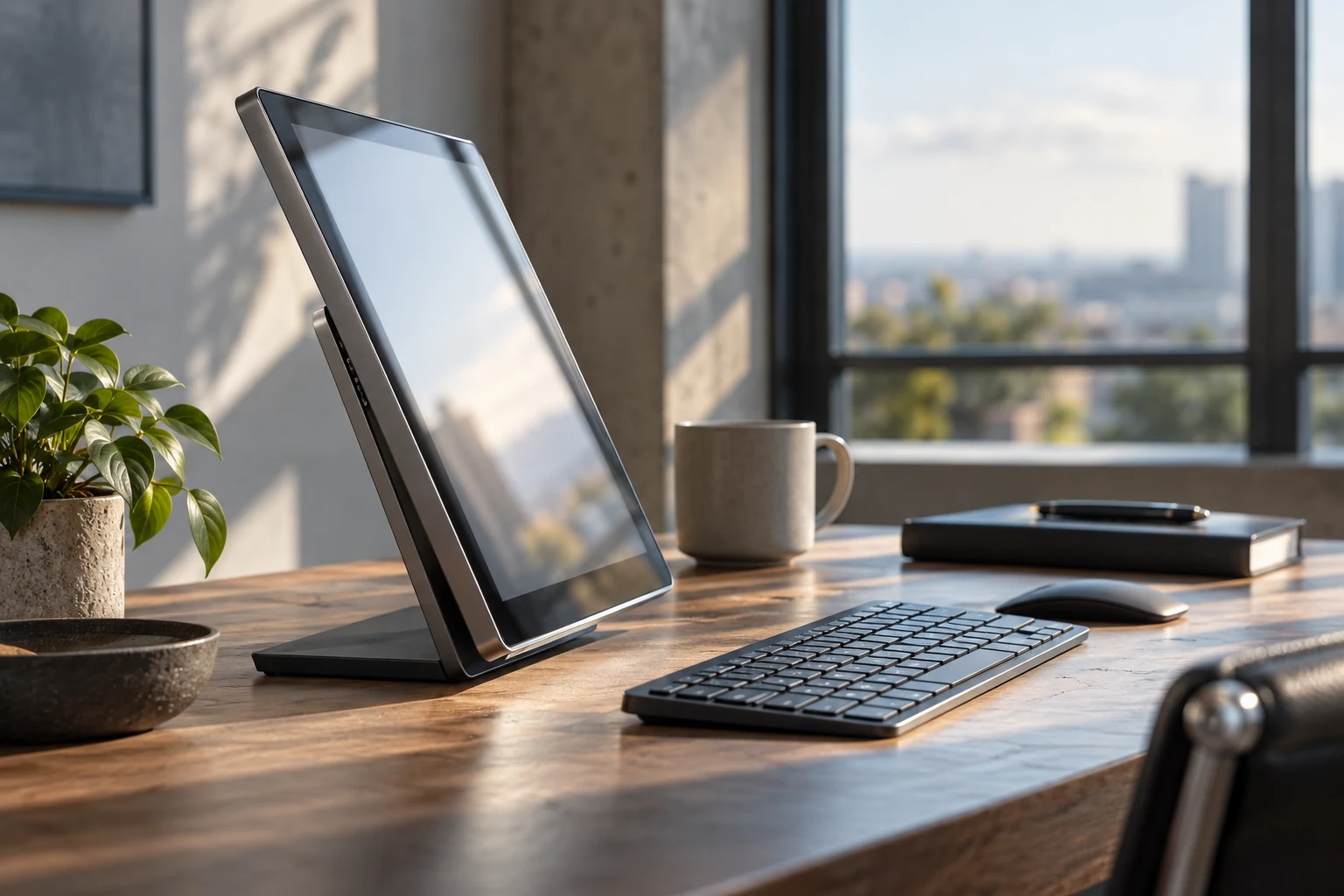 A compact enterprise touchscreen terminal photographed from the side with the screen mostly reflecting soft window light.