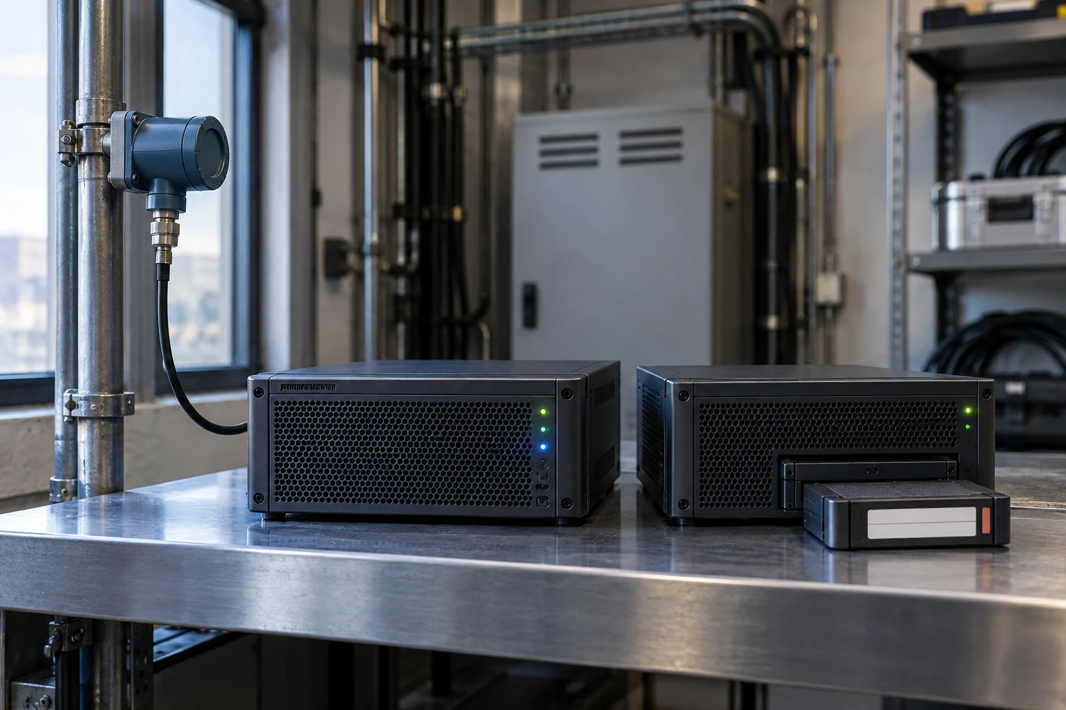 Two practical data-processing appliances in a service room, one connected continuously to a sensor and one beside a removable archive cartridge.