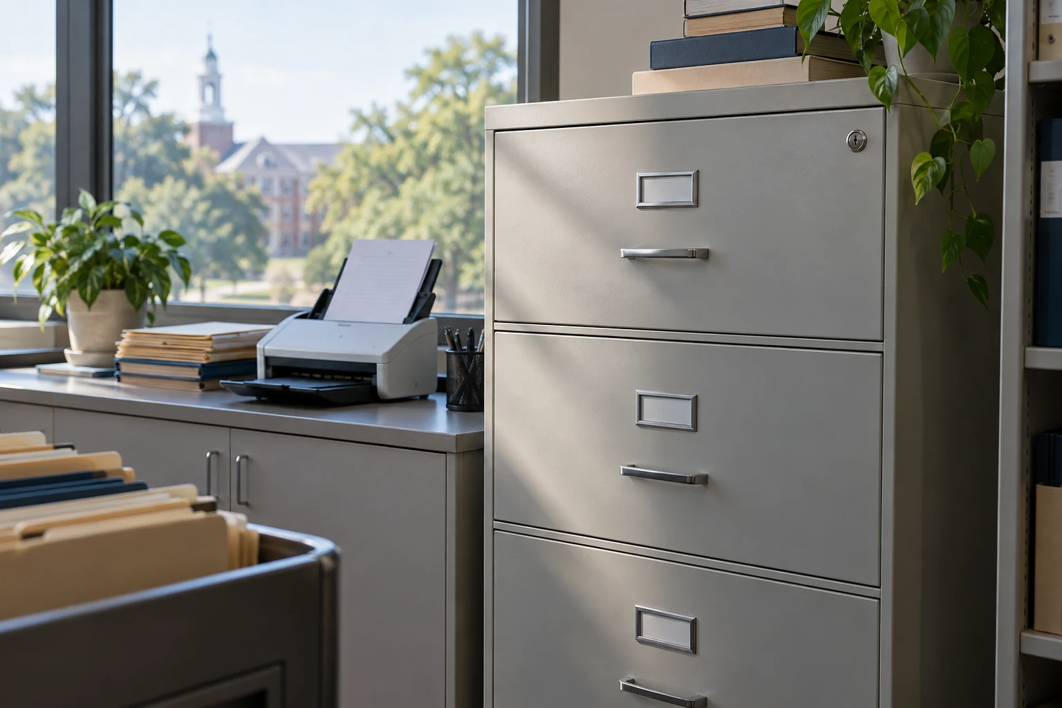 A school administrative records room with a securely closed student-file cabinet and a small document scanner on a side counter.
