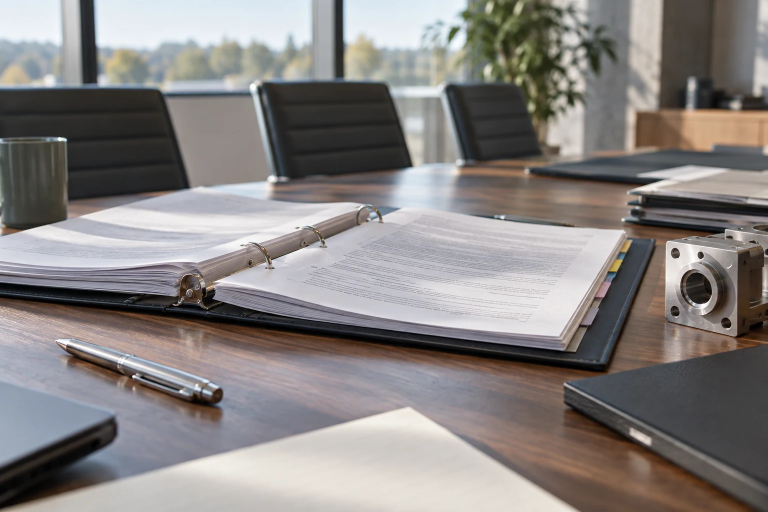 A subcontract folio opened at an engineering supplier's conference table, with a simple mechanical interface sample nearby.