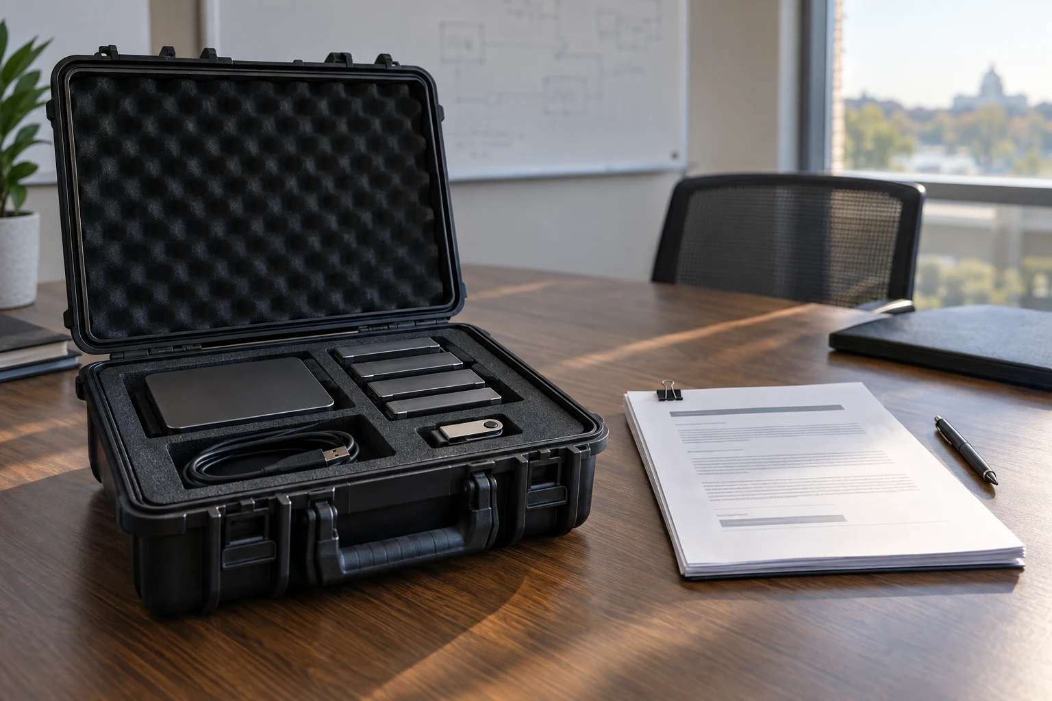 A finished engineering deliverable in its fitted case beside a concise acceptance report, in a modest project room.