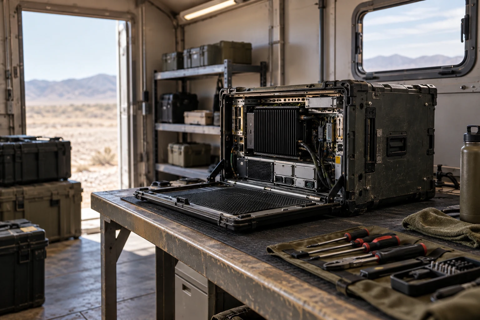 An empty field maintenance shelter with a rugged deployed compute unit opened for a routine service check.