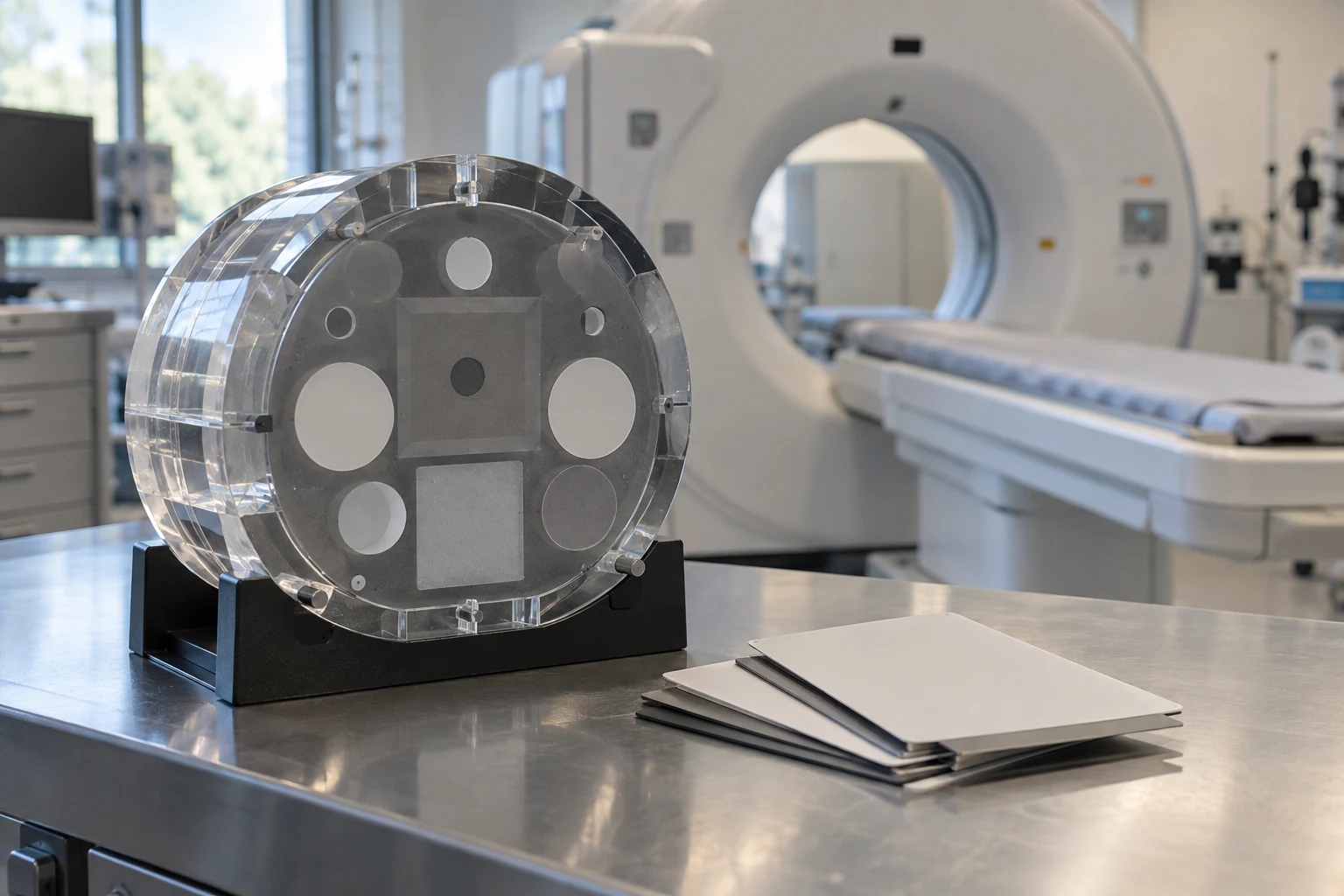 A laboratory calibration phantom beside a set of blank reference sample cards in a clean medical-imaging test room.