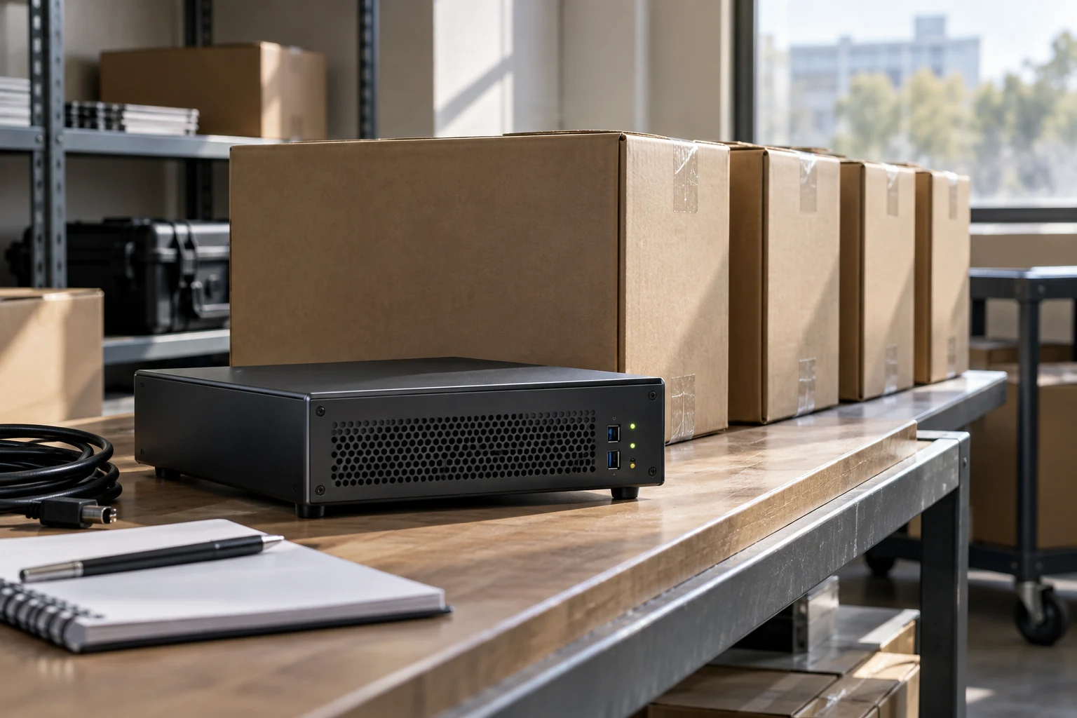 A compact pilot deployment appliance beside several identical sealed deployment cartons in an ordinary enterprise staging room.