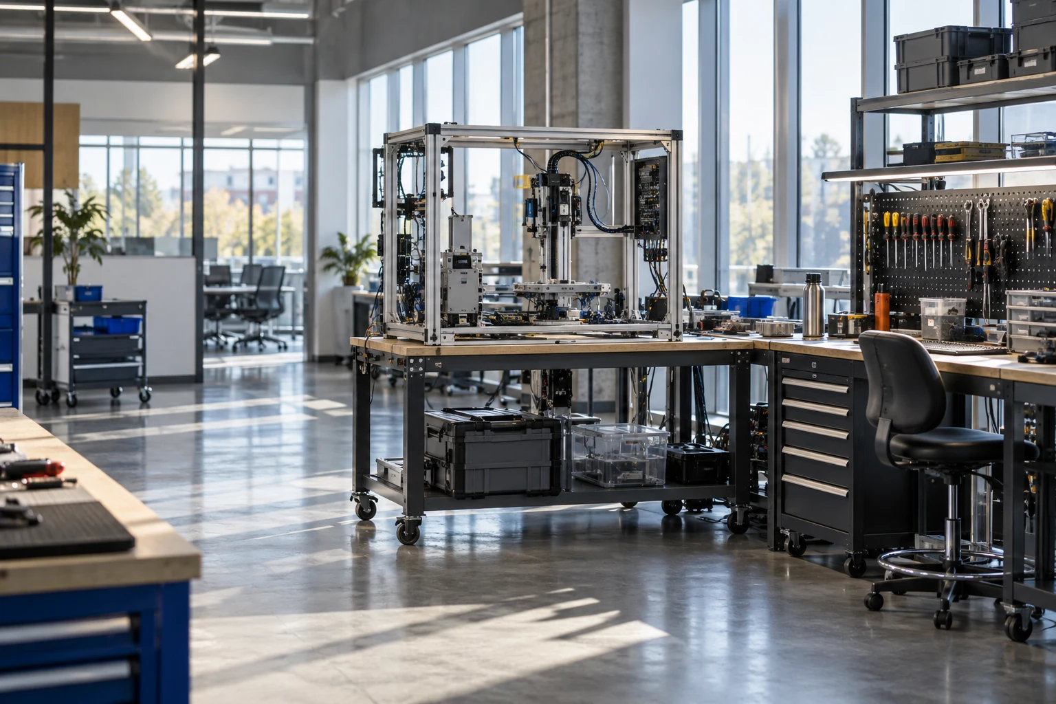 An empty specialist engineering project bay set inside a larger corporate facility, with one complete integration fixture and neatly stored tools.