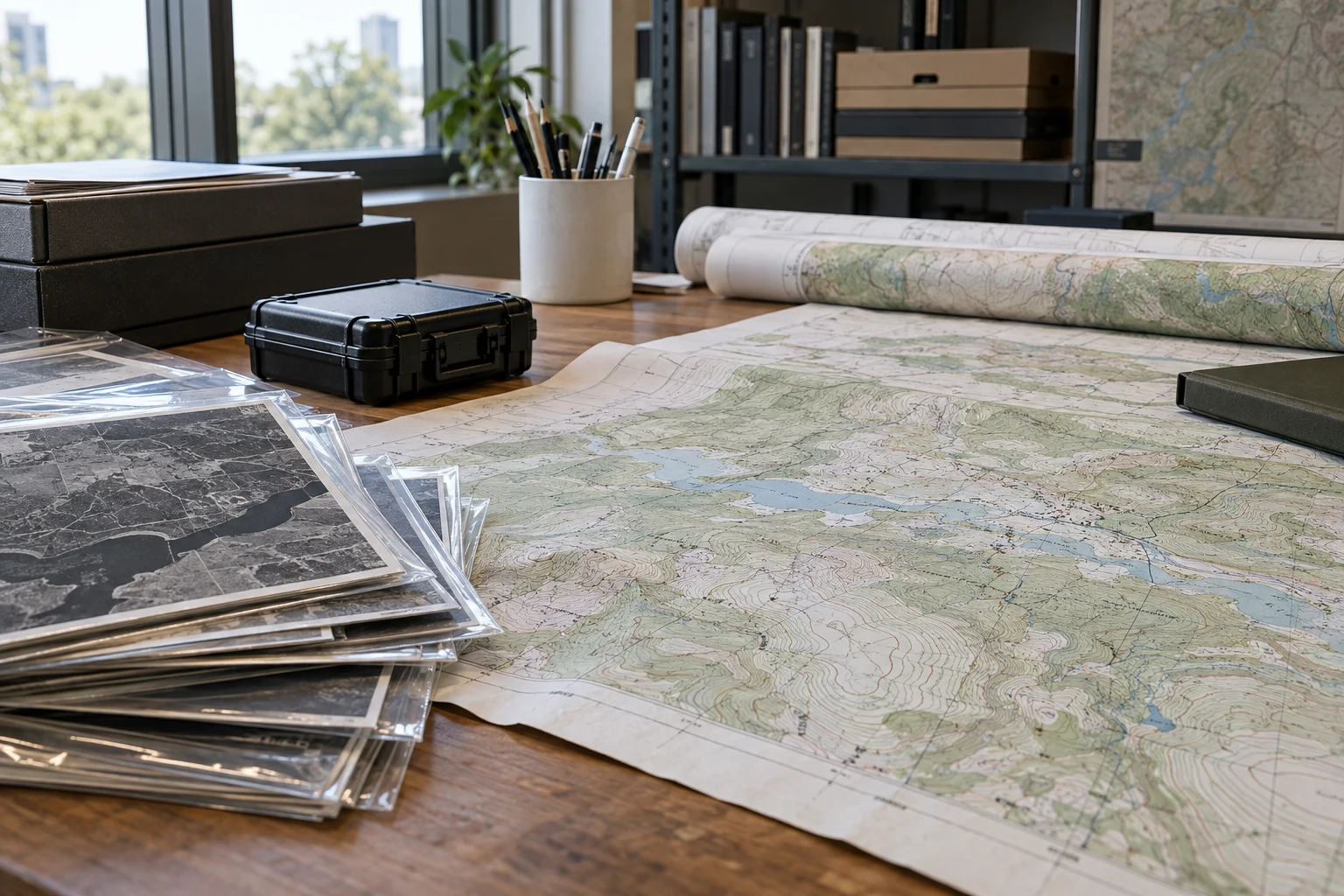 A real geospatial records workroom with a large printed topographic survey, archival imagery sleeves and one compact data-media case.
