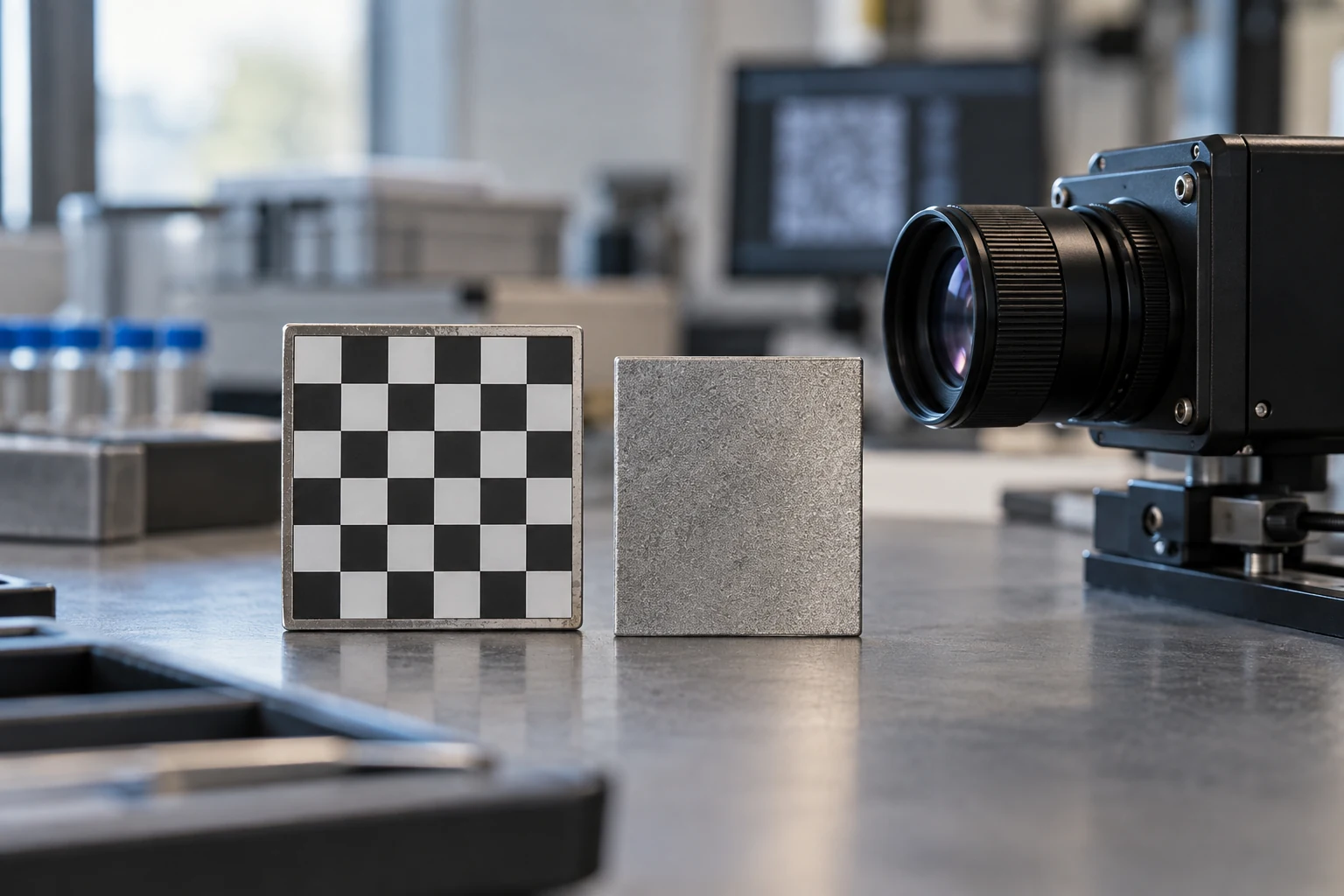 A calibrated reference artifact beside the tested device on a neutral inspection surface.