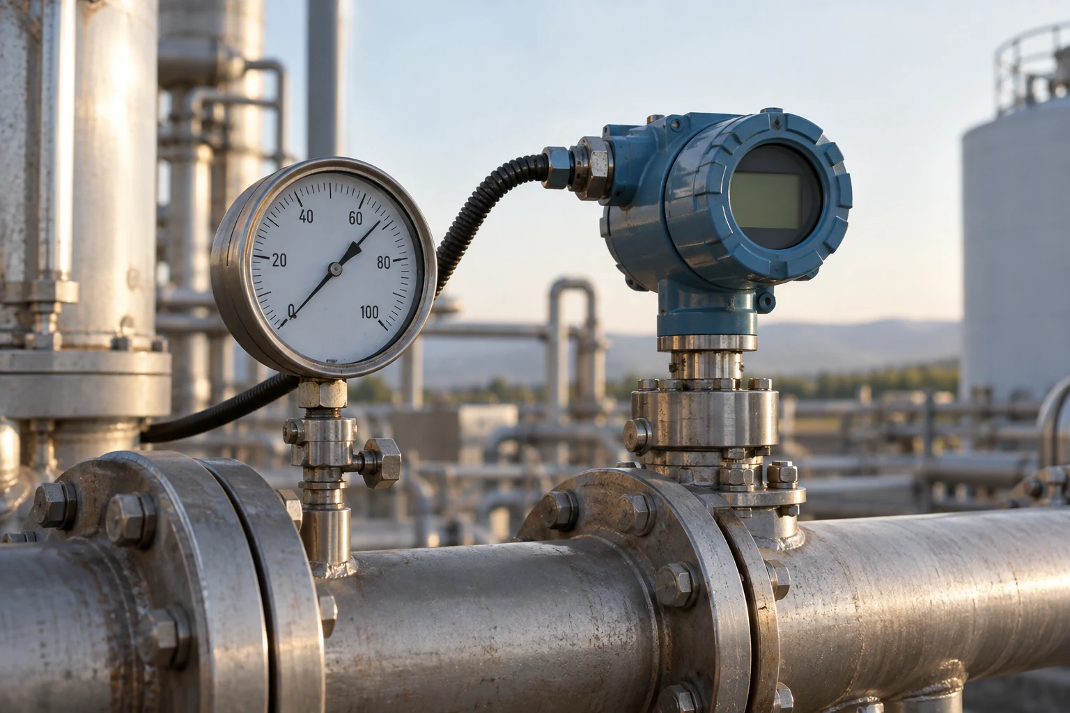 A carefully maintained industrial sensor beside a manual reference gauge at a real operating installation.