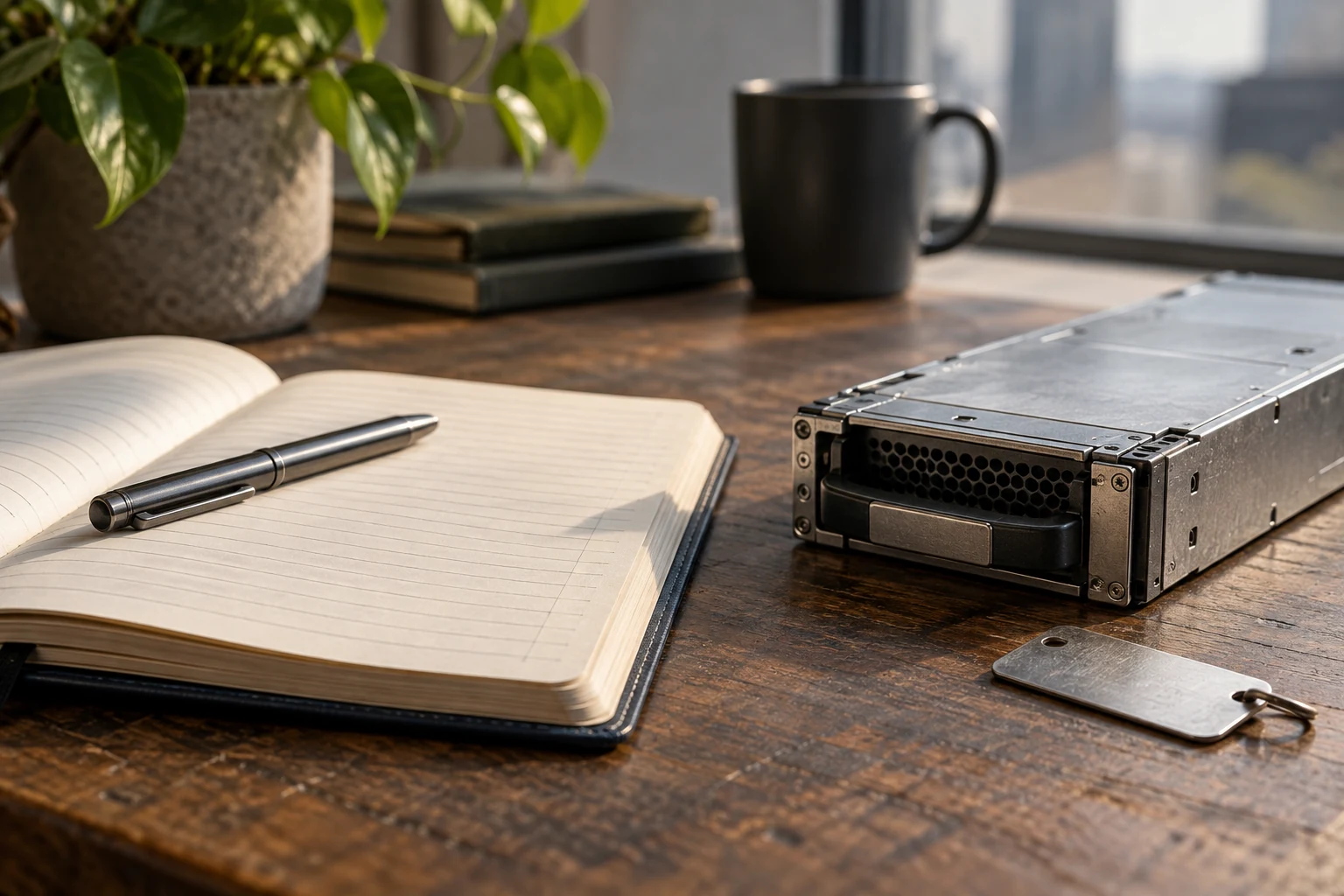 An operations logbook beside a removable compute cartridge and a small plain hardware identifier tag.