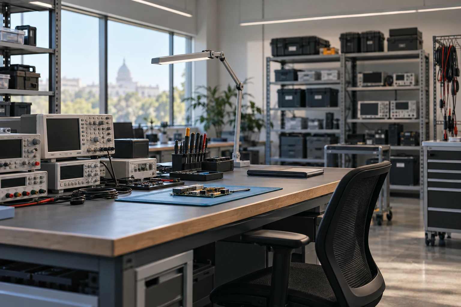 A quietly equipped specialist engineering lab with neatly stored test instruments ready for a new project, no people.