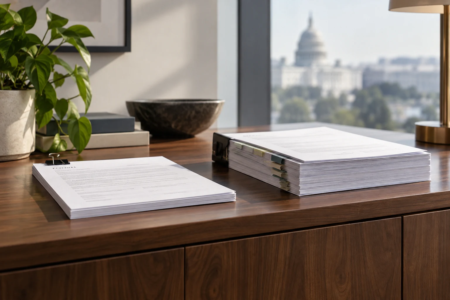 An original contracted-delivery file beside a completed equipment acceptance packet on a finance-review credenza.