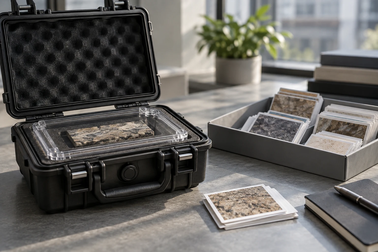 A sealed reference-sample case with one carefully protected test specimen beside an open everyday evaluation tray.