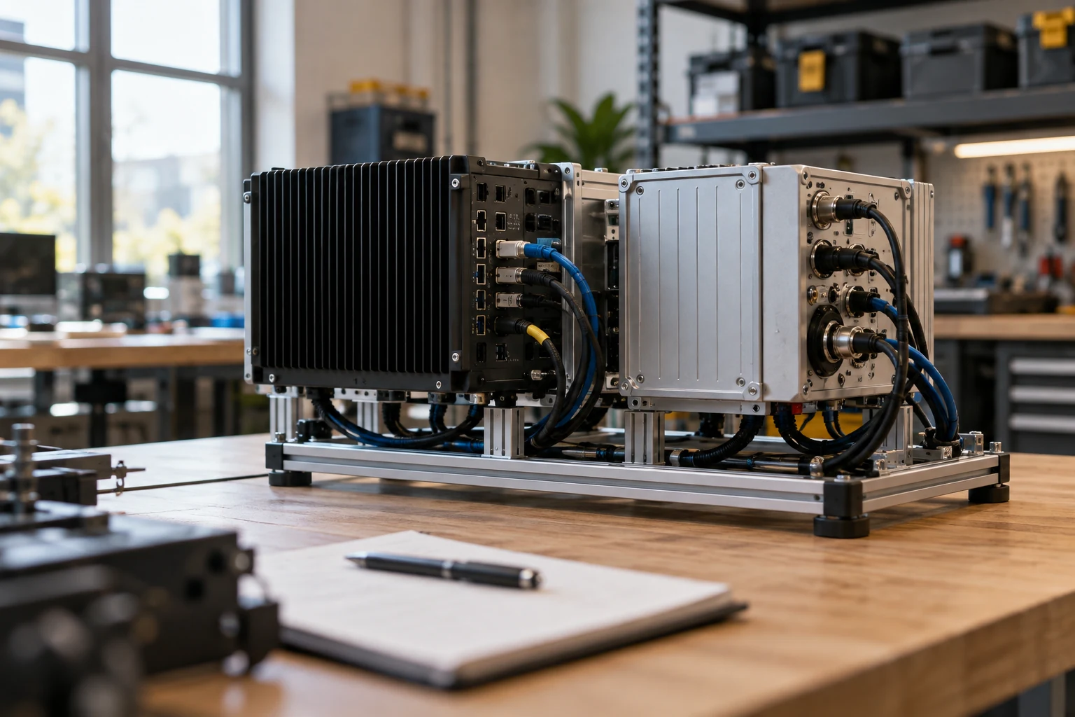 Two complementary engineering modules installed together on a common test frame in a modest integration workshop.