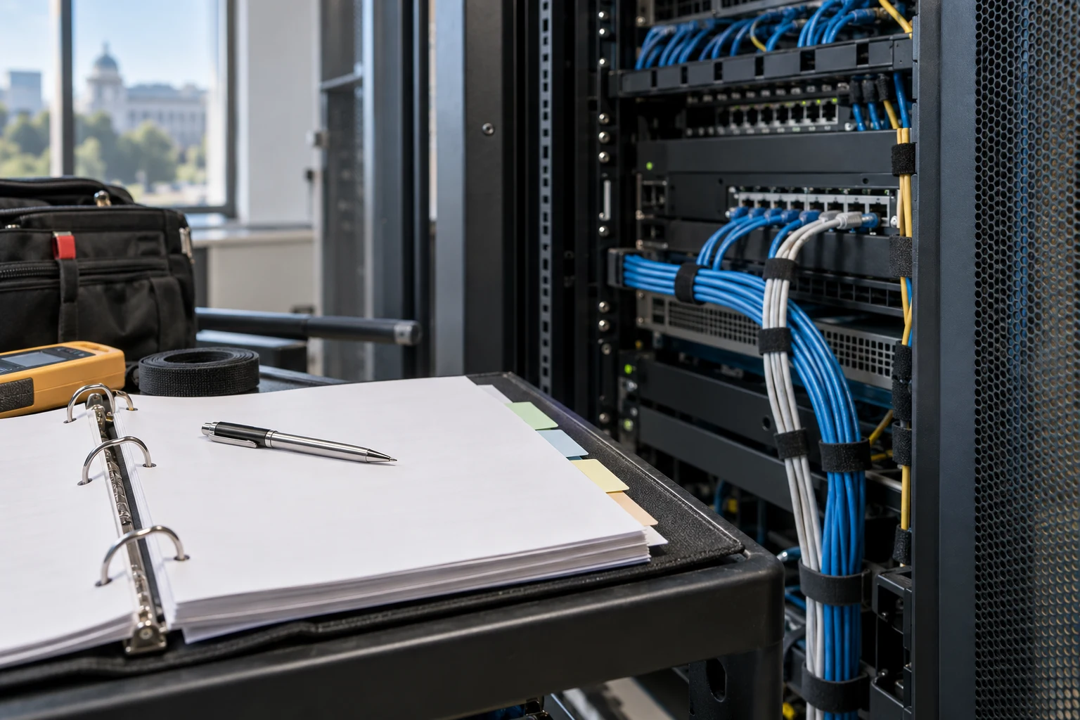 A practical maintenance action file next to an open network cabinet where one cable route has been neatly repaired.