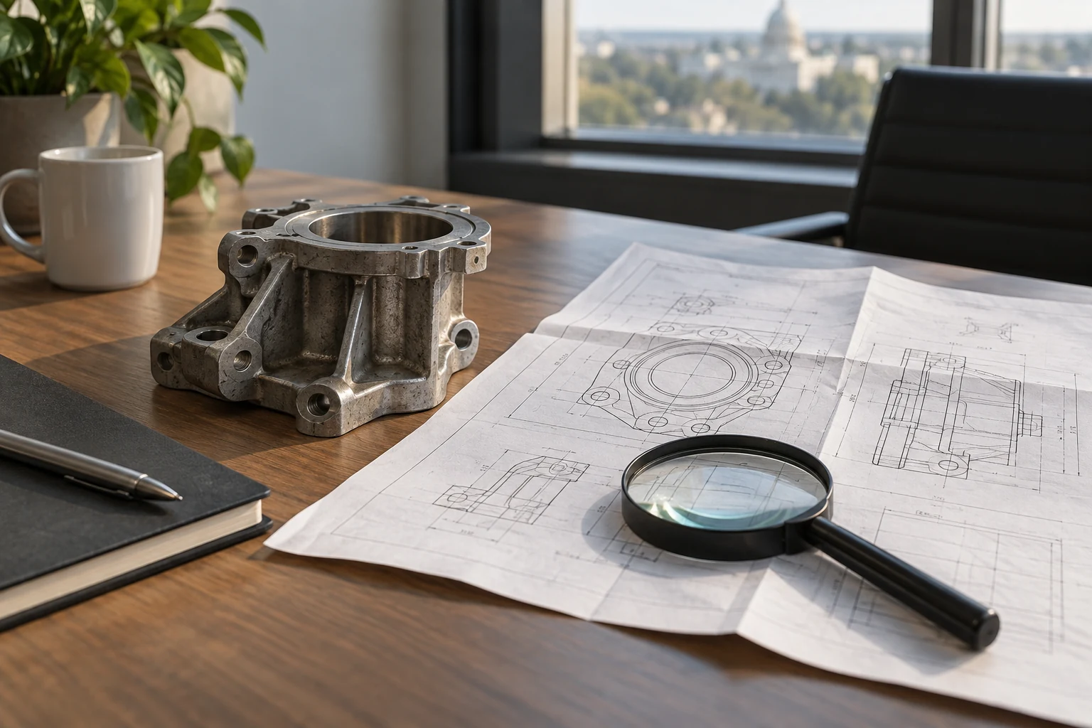 A compact project intake table with a client's existing component, its folded source drawing and a simple magnifier.