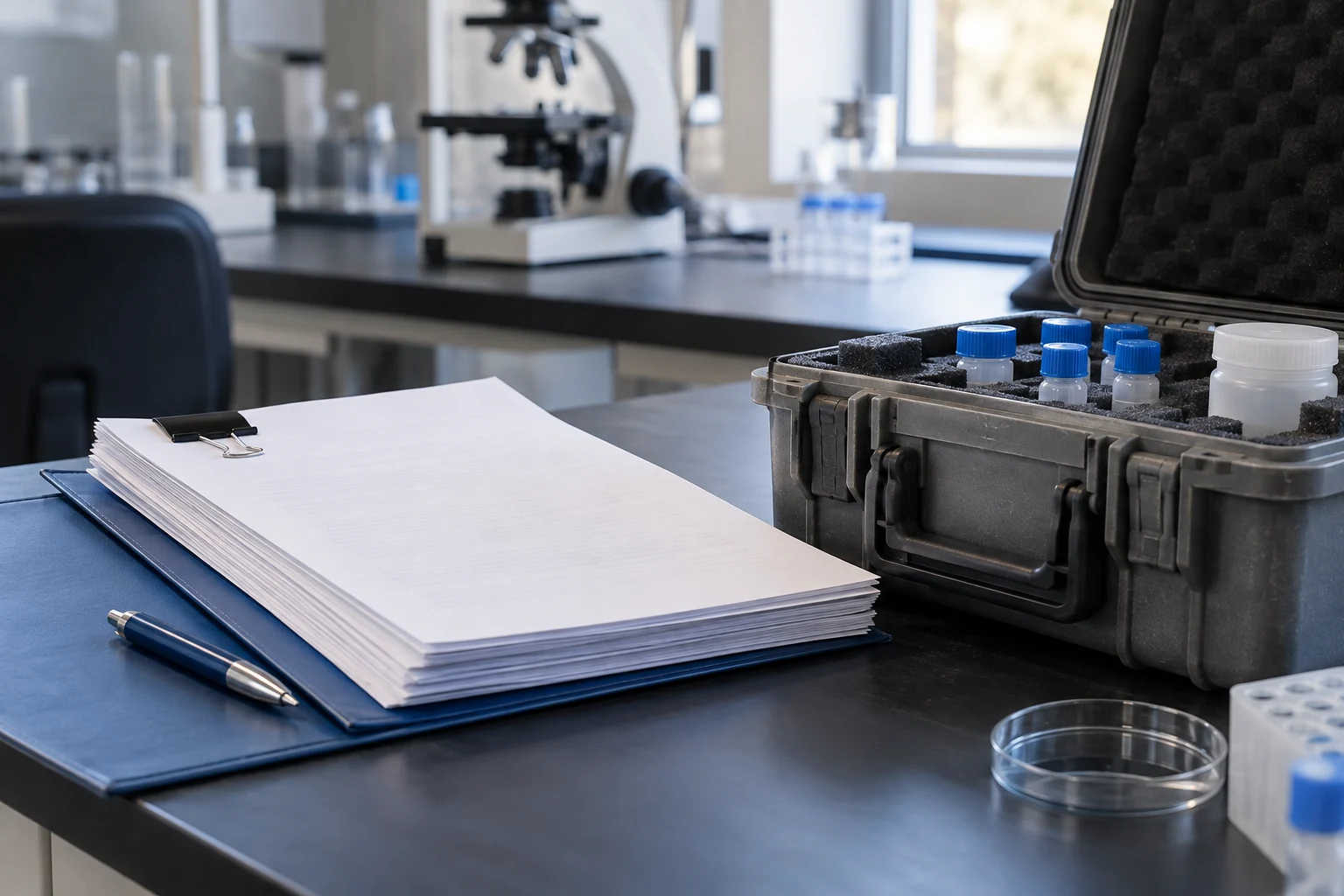 A university-commercial research agreement packet beside a small laboratory sample transport case.