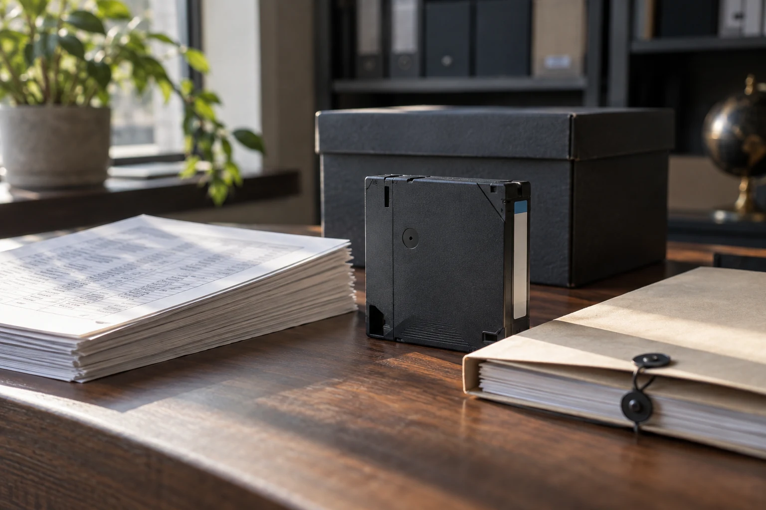 An original survey source record beside a matched data-media cartridge and a plain chain-of-custody folio.