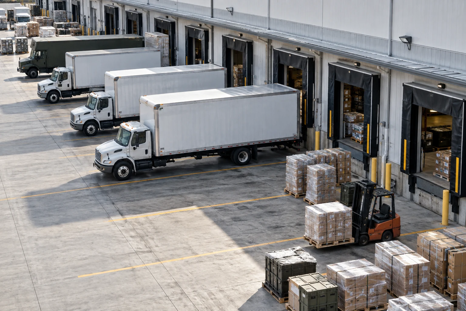 A real distribution center loading lane viewed from above, with a modest row of delivery vehicles and neatly arranged pallets.