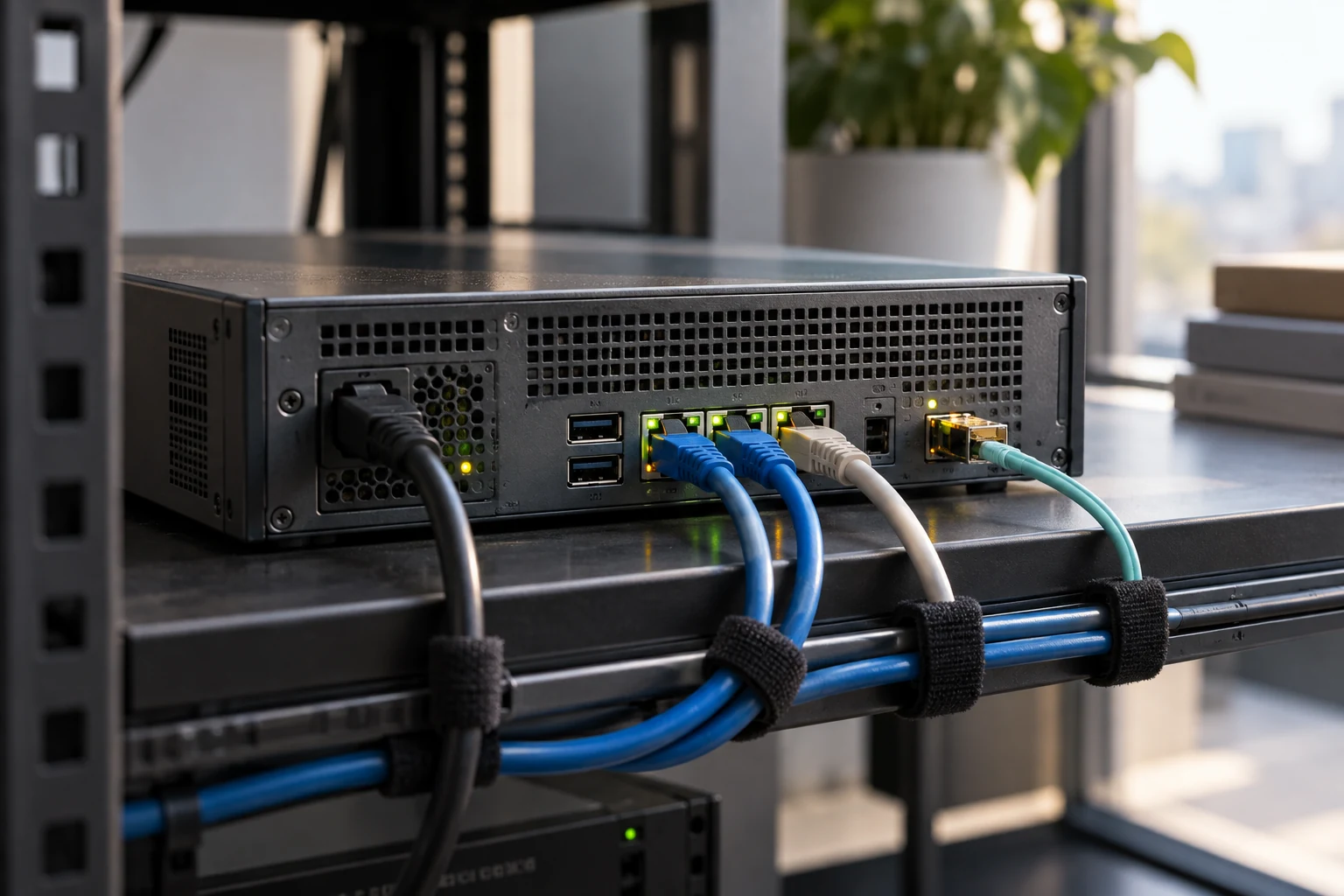 Close rear view of a small enterprise tool-server appliance and its actual third-party network connectors.
