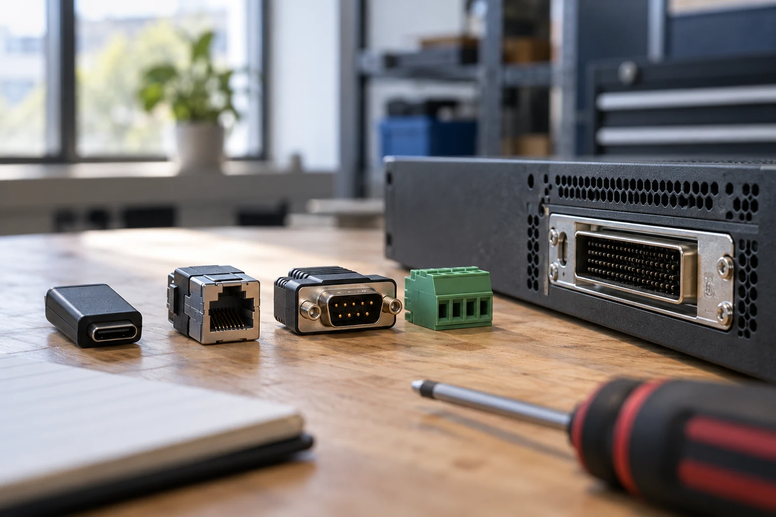 A small set of distinct practical interface adapters arranged beside an enterprise integration port on a real service bench.