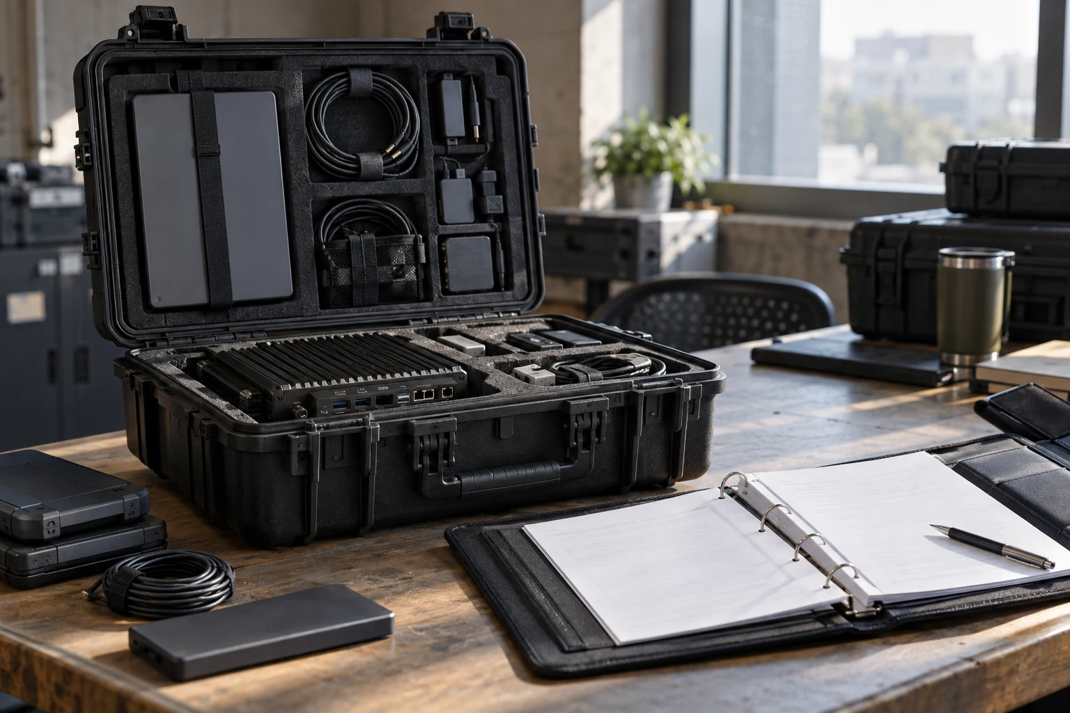 A rugged AI deployment unit packed with a complete service kit and an open maintenance folio at a handover station.