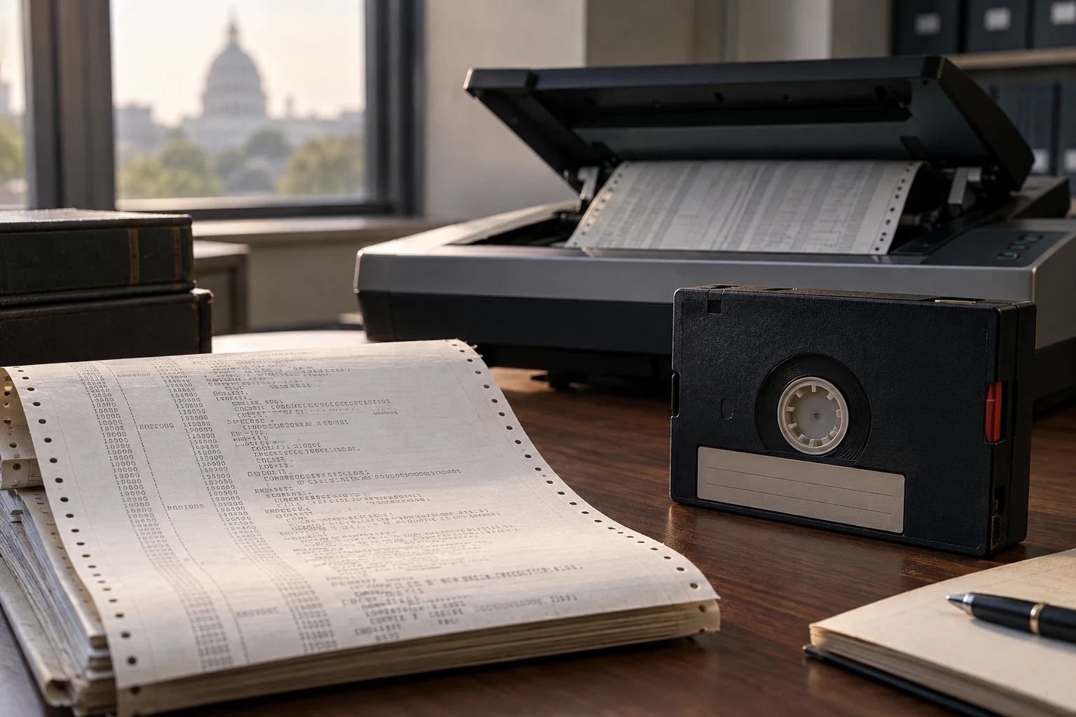 A preserved mainframe program listing beside an old enterprise media cartridge and a modern archival scanner.