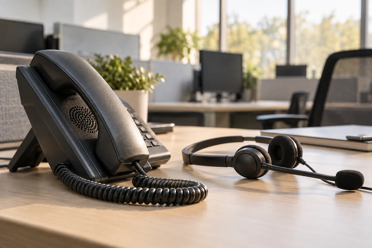 A professional office telephone handset resting beside a simple headset in an empty customer-service area.
