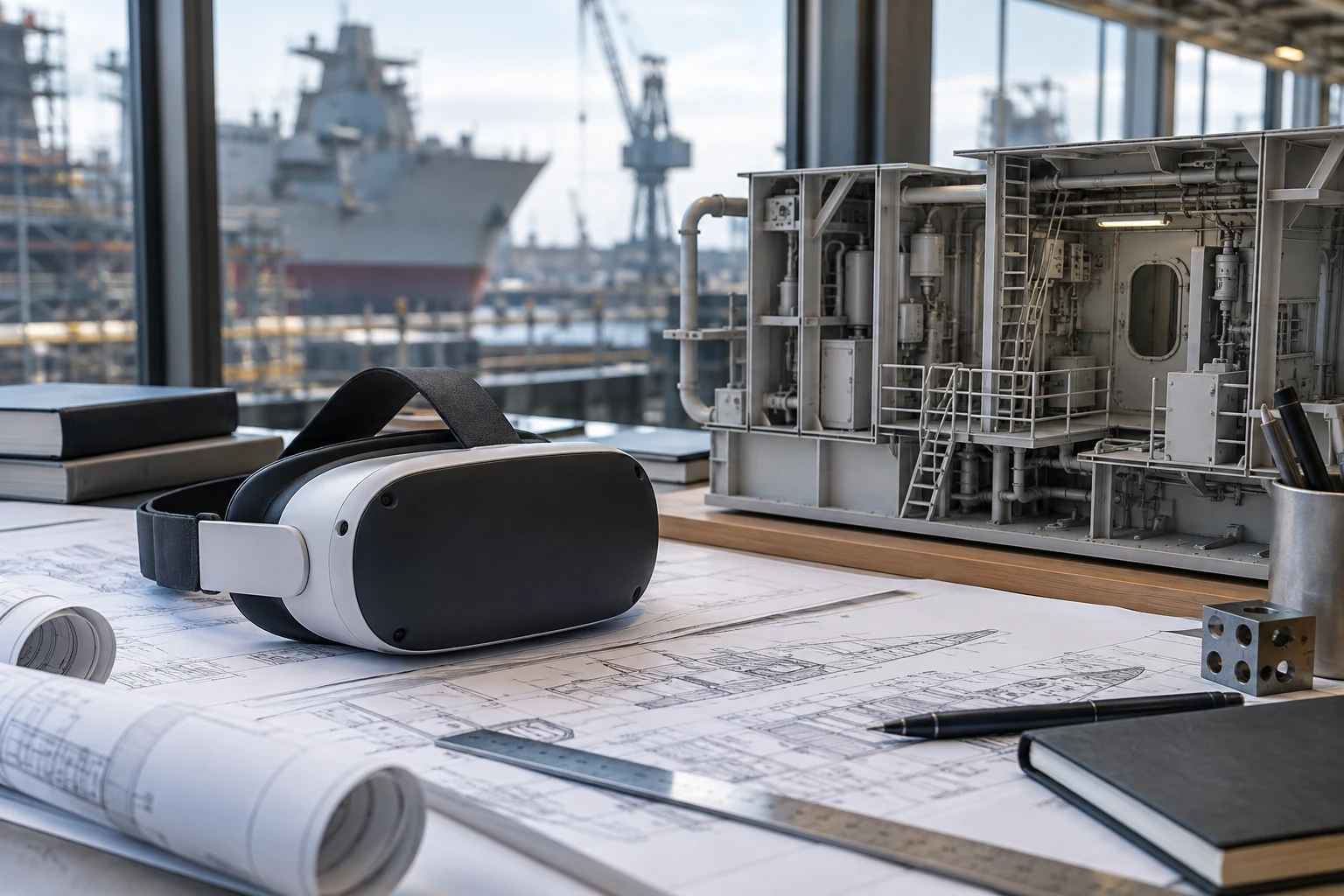 An unbranded professional VR headset resting on a shipyard design-review table beside a physical scale model of a ship compartment.