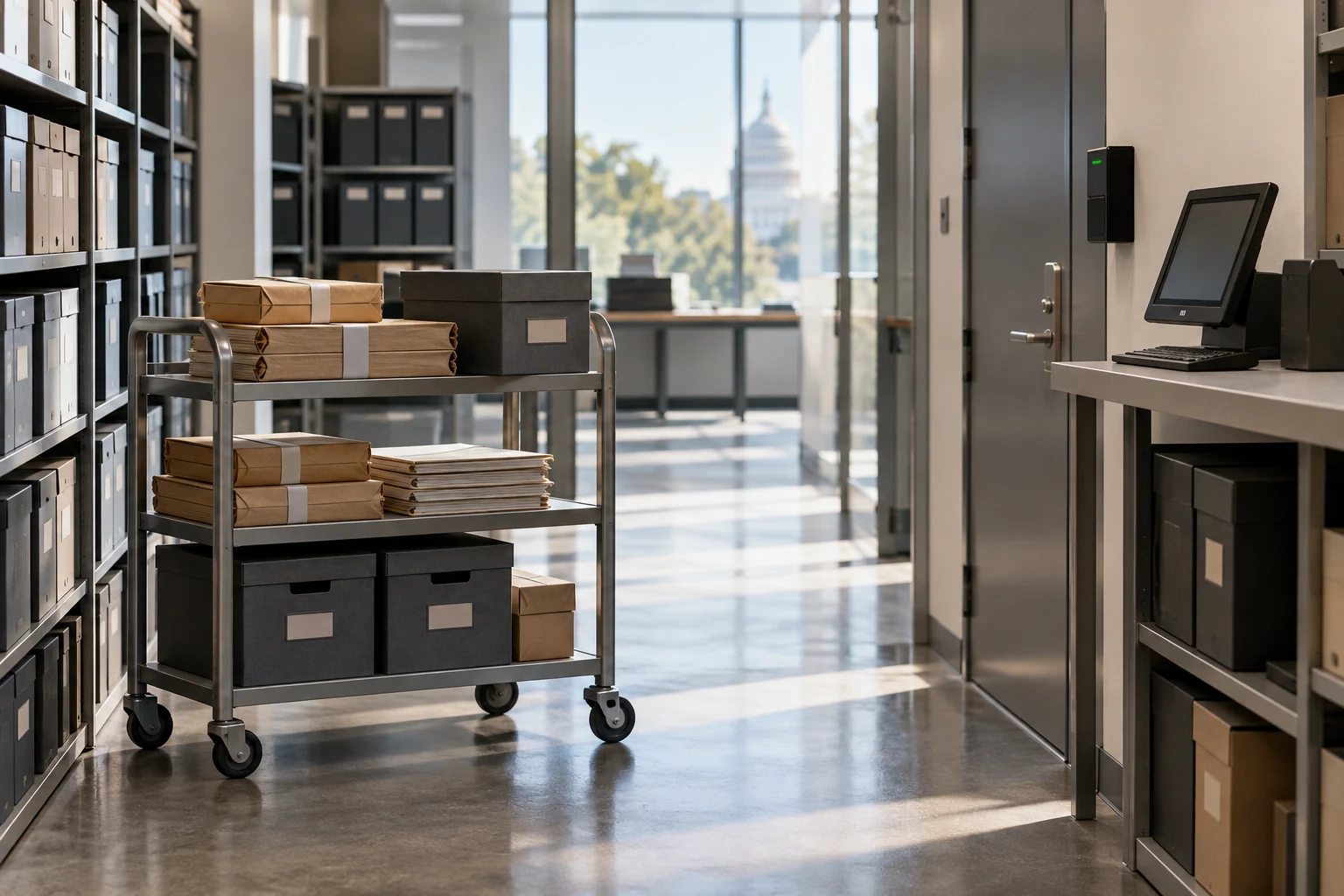 An orderly secure transaction records room with a small archive cart, sealed technical files and one plain access terminal.