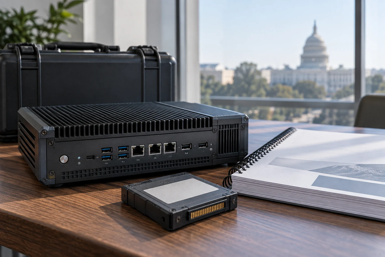 A completed specialist software deployment kit with its serviceable appliance, source-media cartridge and concise technical folio.
