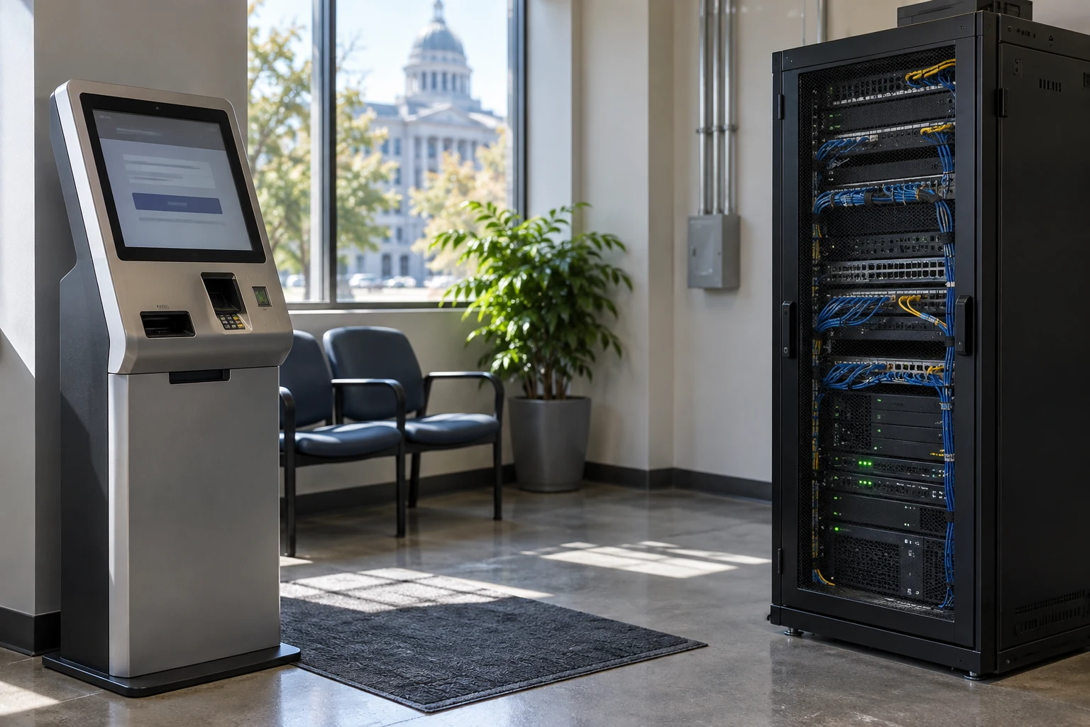 A real public-sector IT service room with an ordinary accessible self-service terminal and a compact network cabinet.