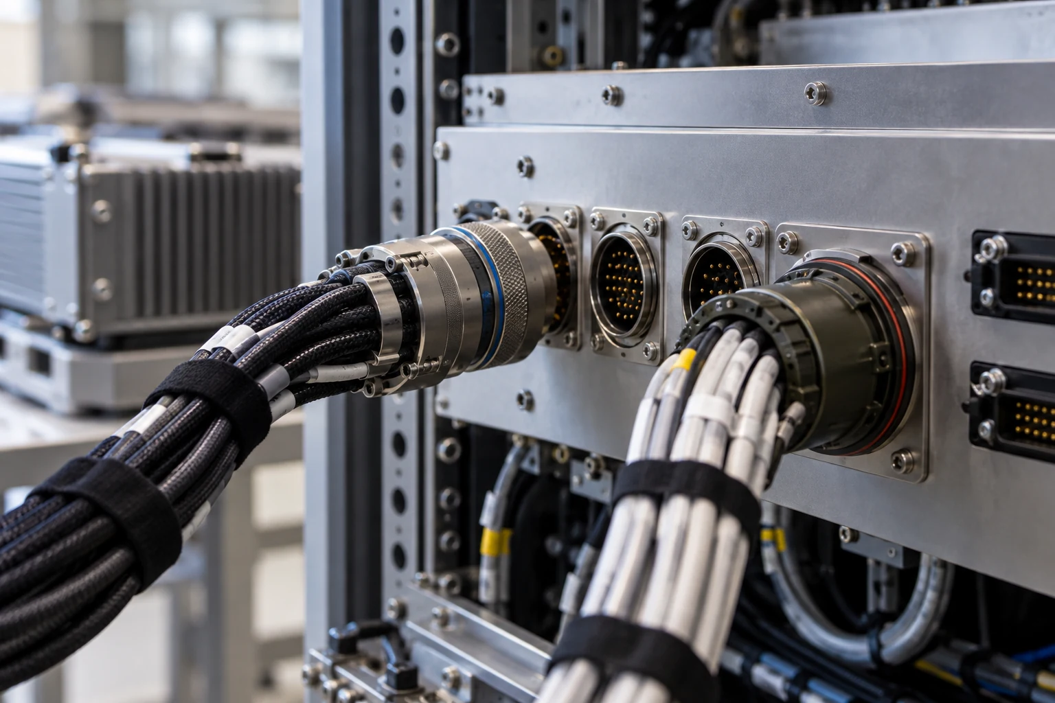 A clean systems integration patch panel receiving two different connector harnesses from separate modules.