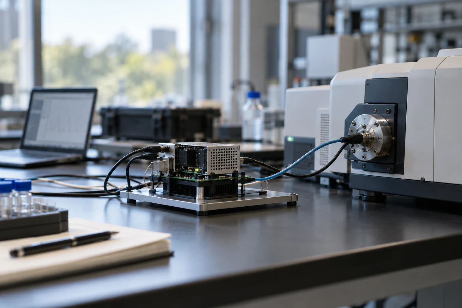 One small working research unit connected to a credible reference instrument on a simple test stand.