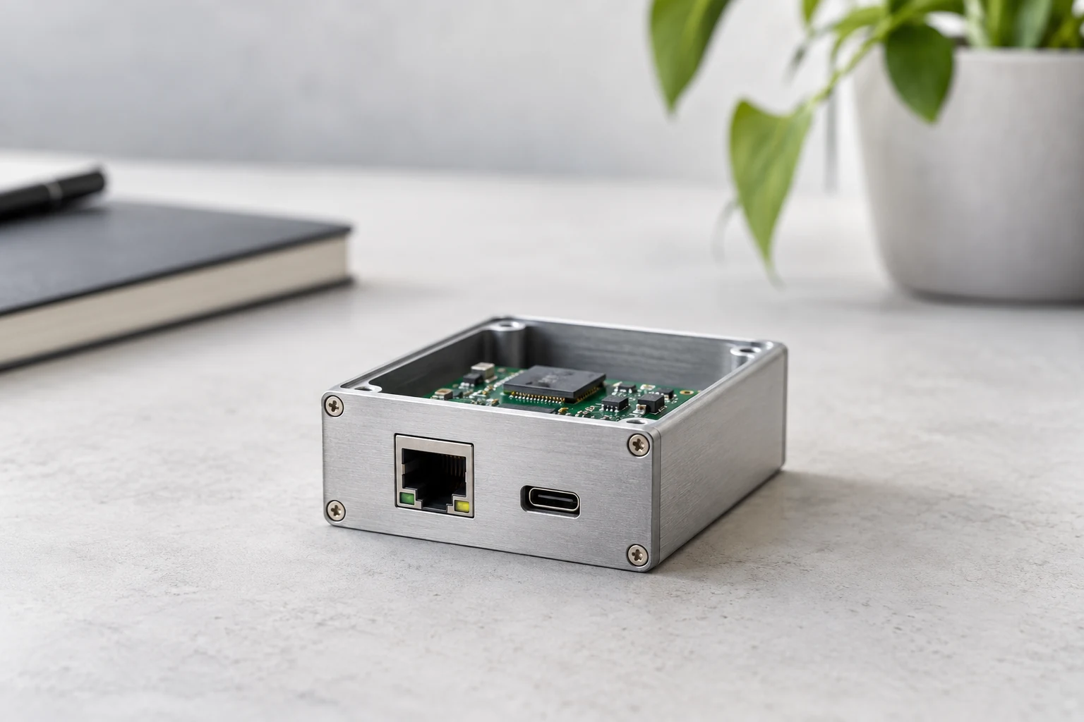 A minimal finished product enclosure containing only a compact circuit module and two necessary connectors, photographed on a pale studio surface.