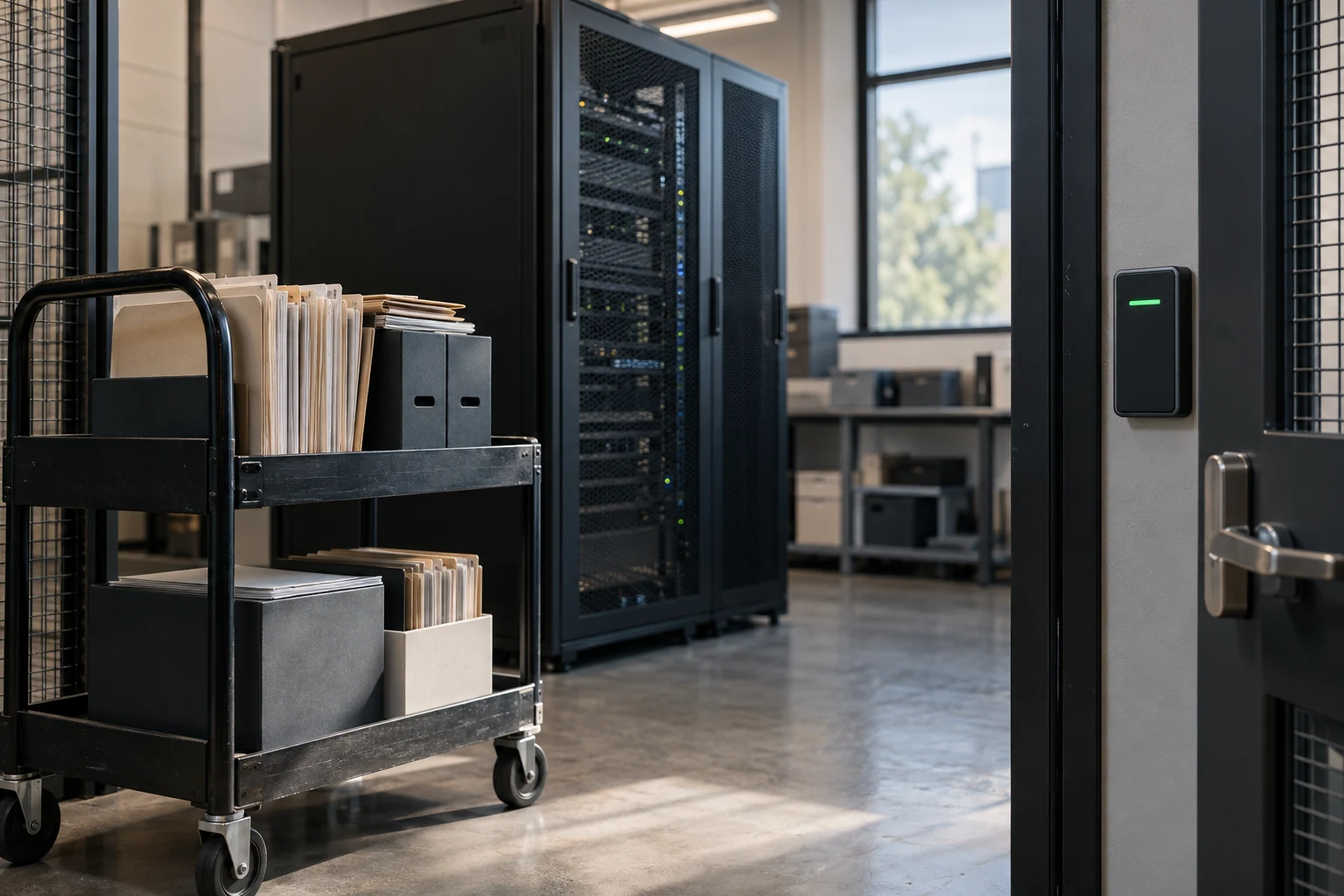 An ordinary data-processing appliance inside a clearly bounded access-controlled records workspace.