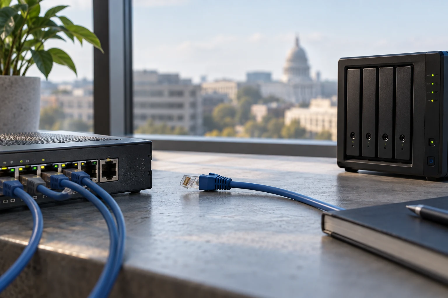 A disconnected external data link at a modest enterprise network handoff, with a clearly separate intact local storage unit.