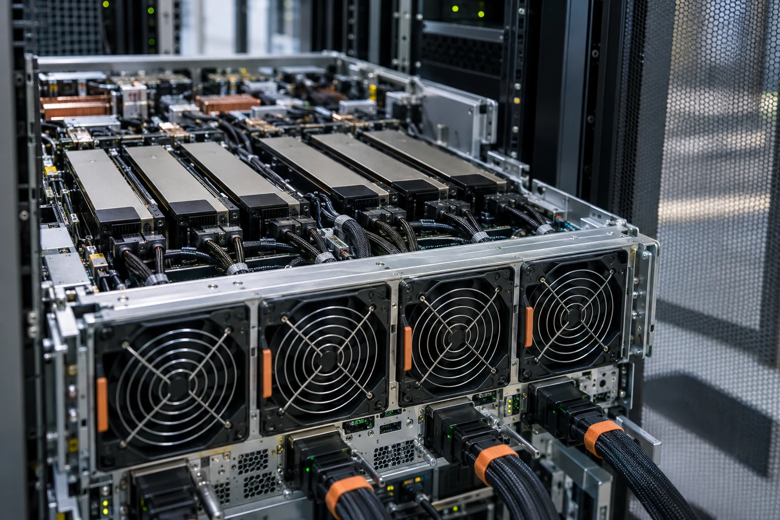 Close-up of a genuine high-density compute chassis with visible power distribution and cooling fans, seen from a service angle.