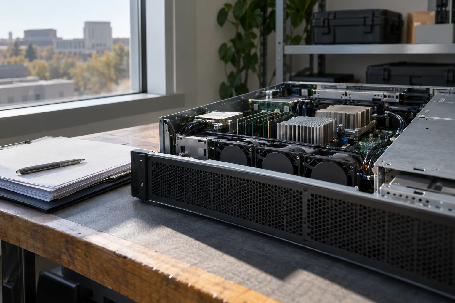 An unbranded enterprise AI appliance opened for a careful technical inspection, a plain vendor evidence folio beside it.