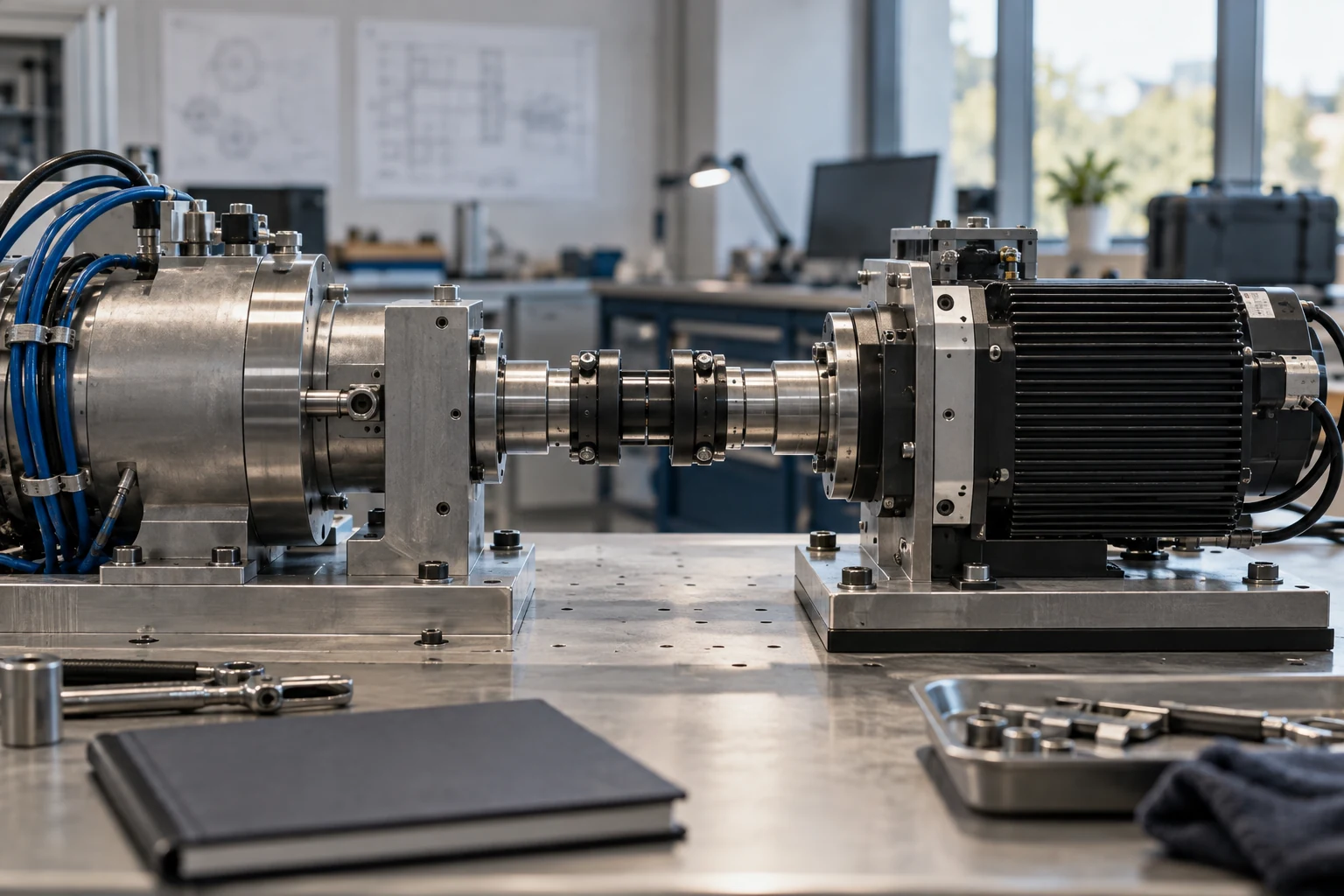 Two separate engineering test fixtures connected through a carefully fitted common interface on a shared workbench.