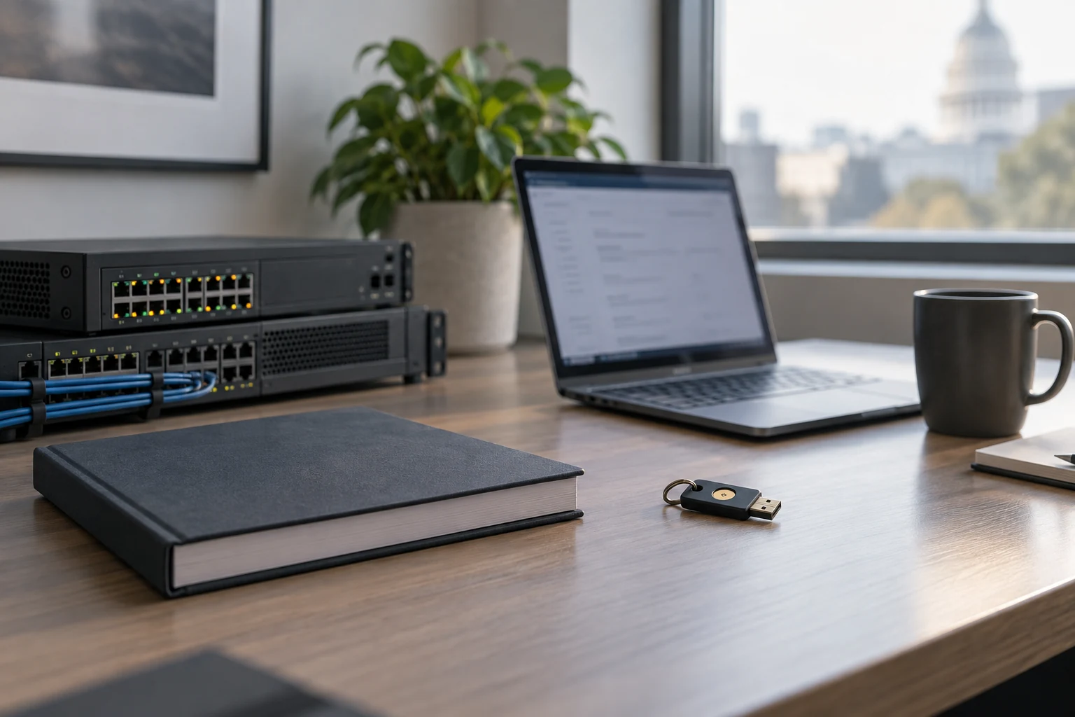 A modest commercial application deployment station with an authentication key, well-organized network hardware and a closed installation manual.